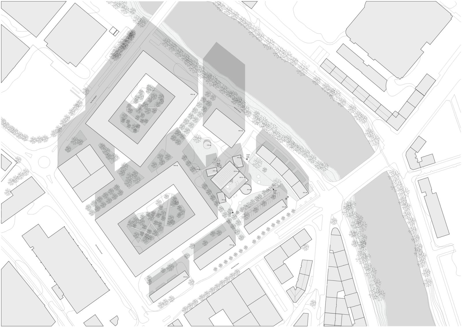 Site plan of courtyard blocks and landscaped public spaces