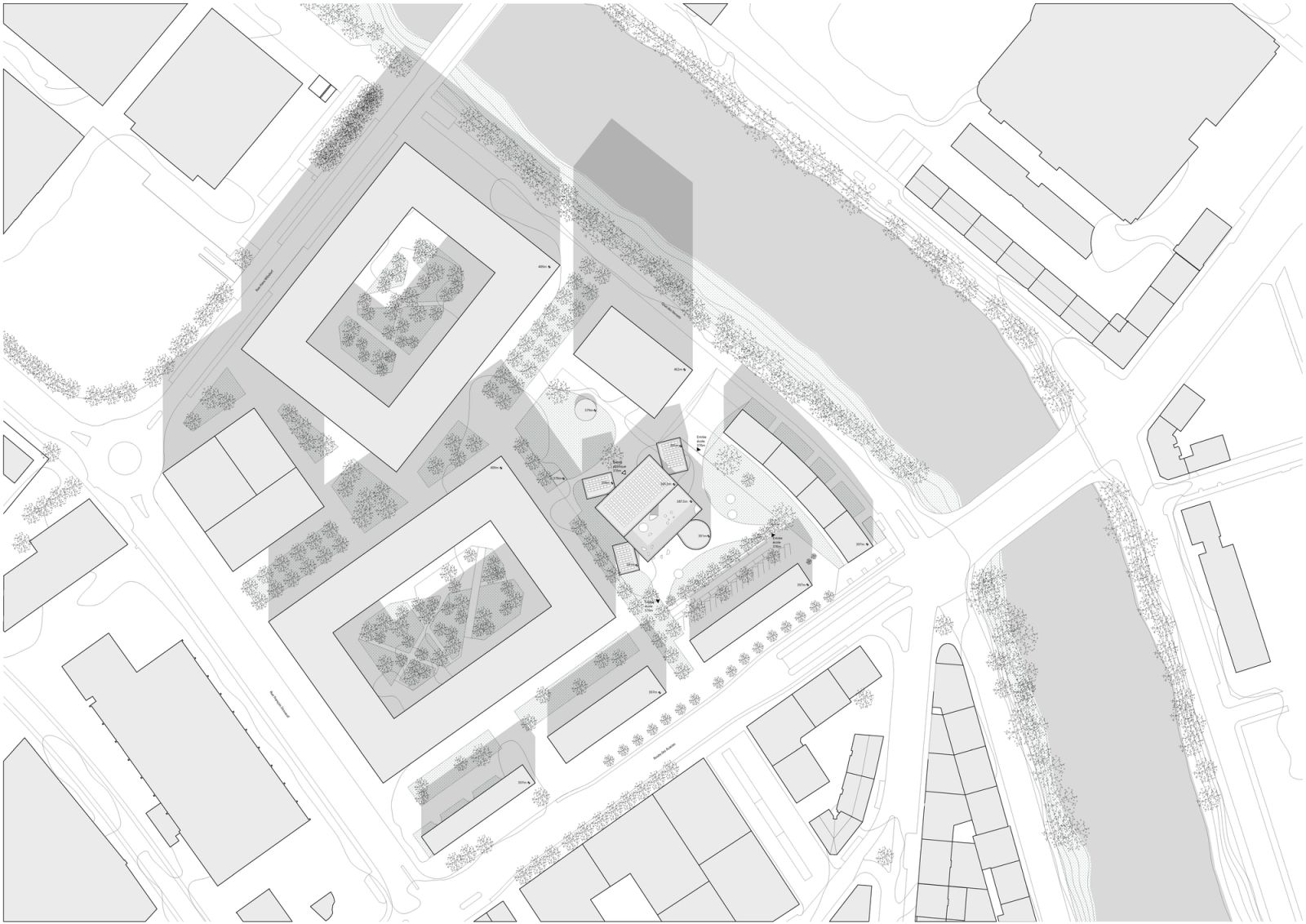 Site plan of courtyard blocks and landscaped public spaces