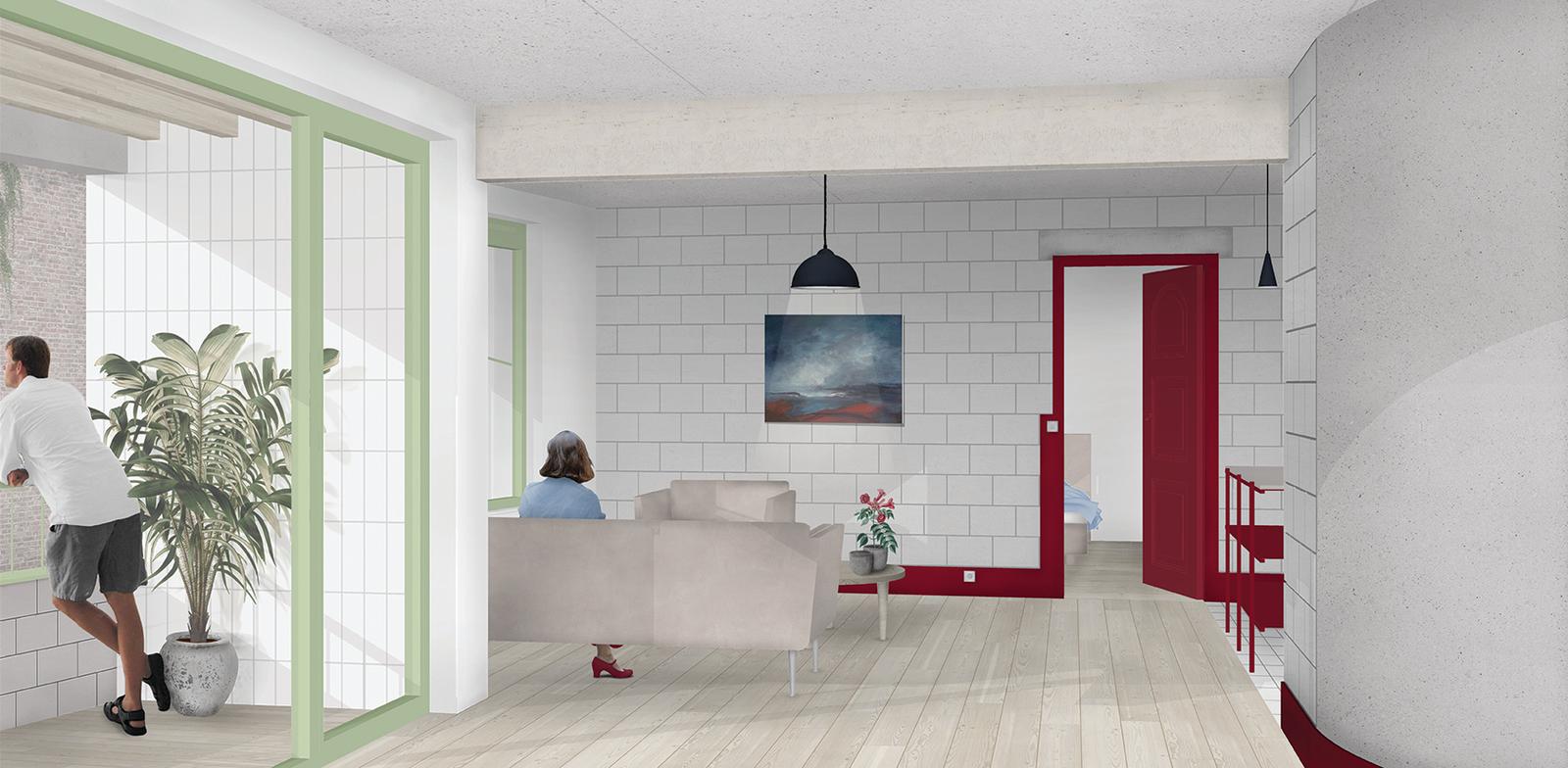 Interior room with green glazing and deep red doorways