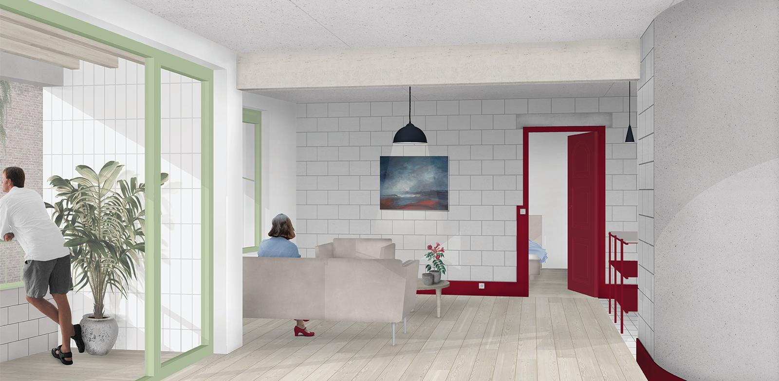 Interior room with green glazing and deep red doorways
