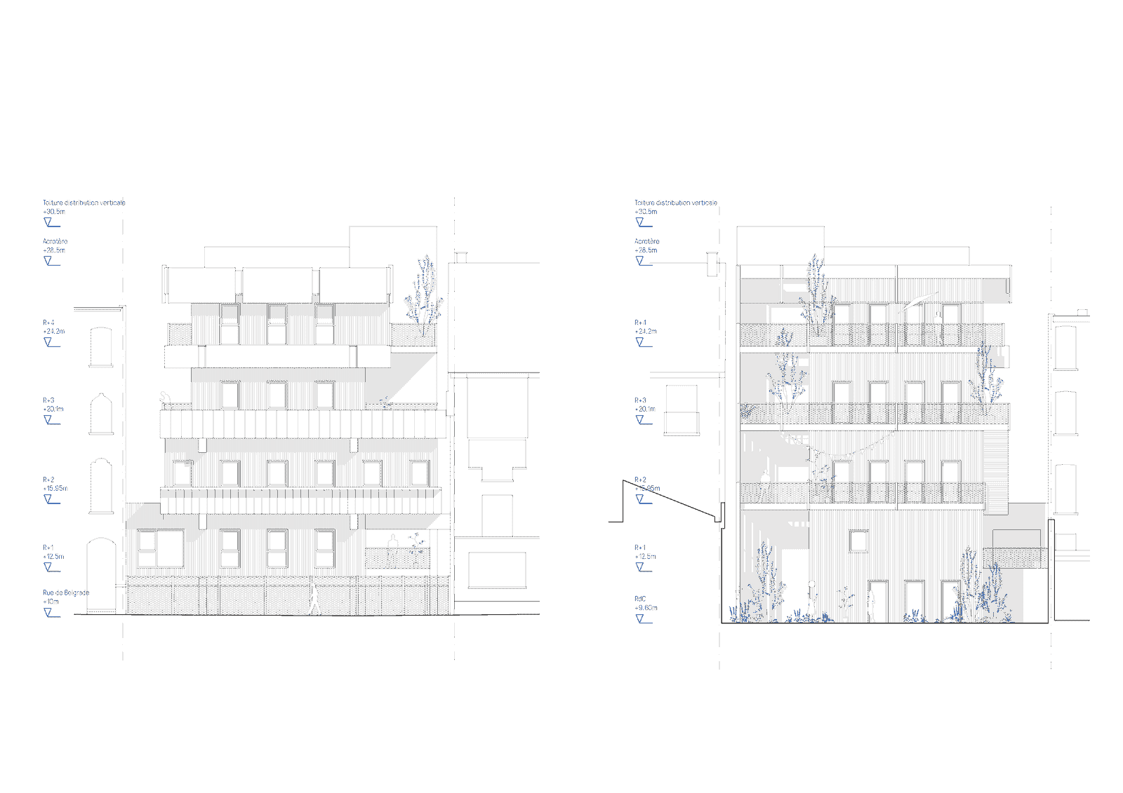 Paired elevations of the existing masonry and new glazed façades