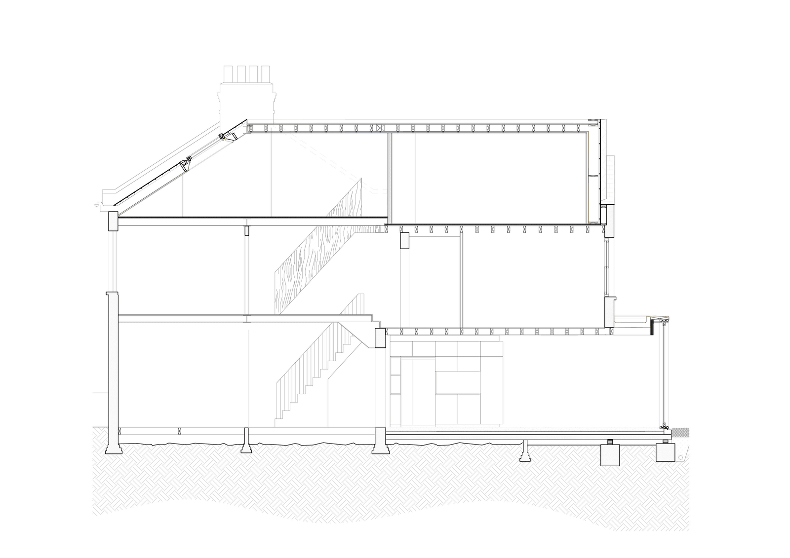 Section through the rear roof extension and new internal stair