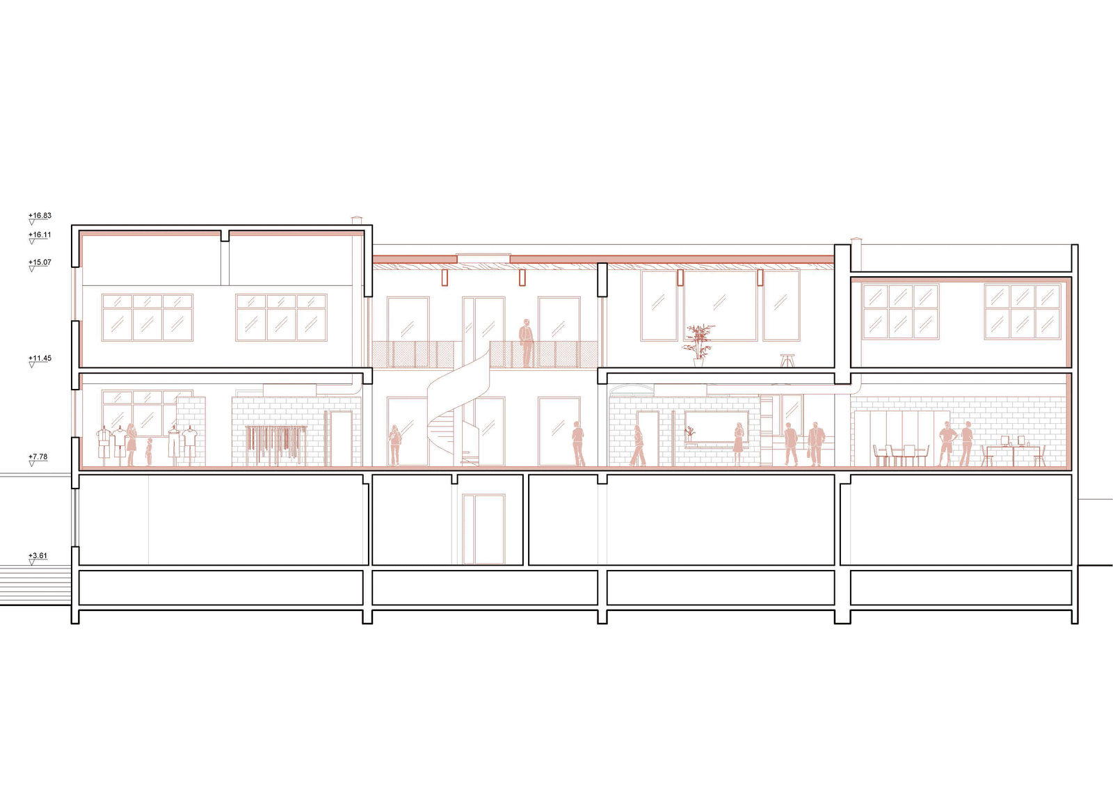 Longitudinal section through the school hall and stacked classrooms