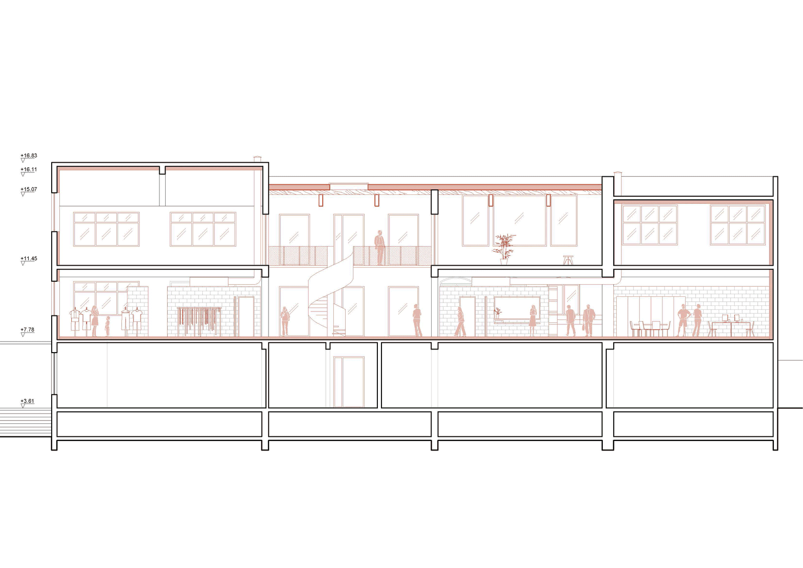 Longitudinal section through the school hall and stacked classrooms