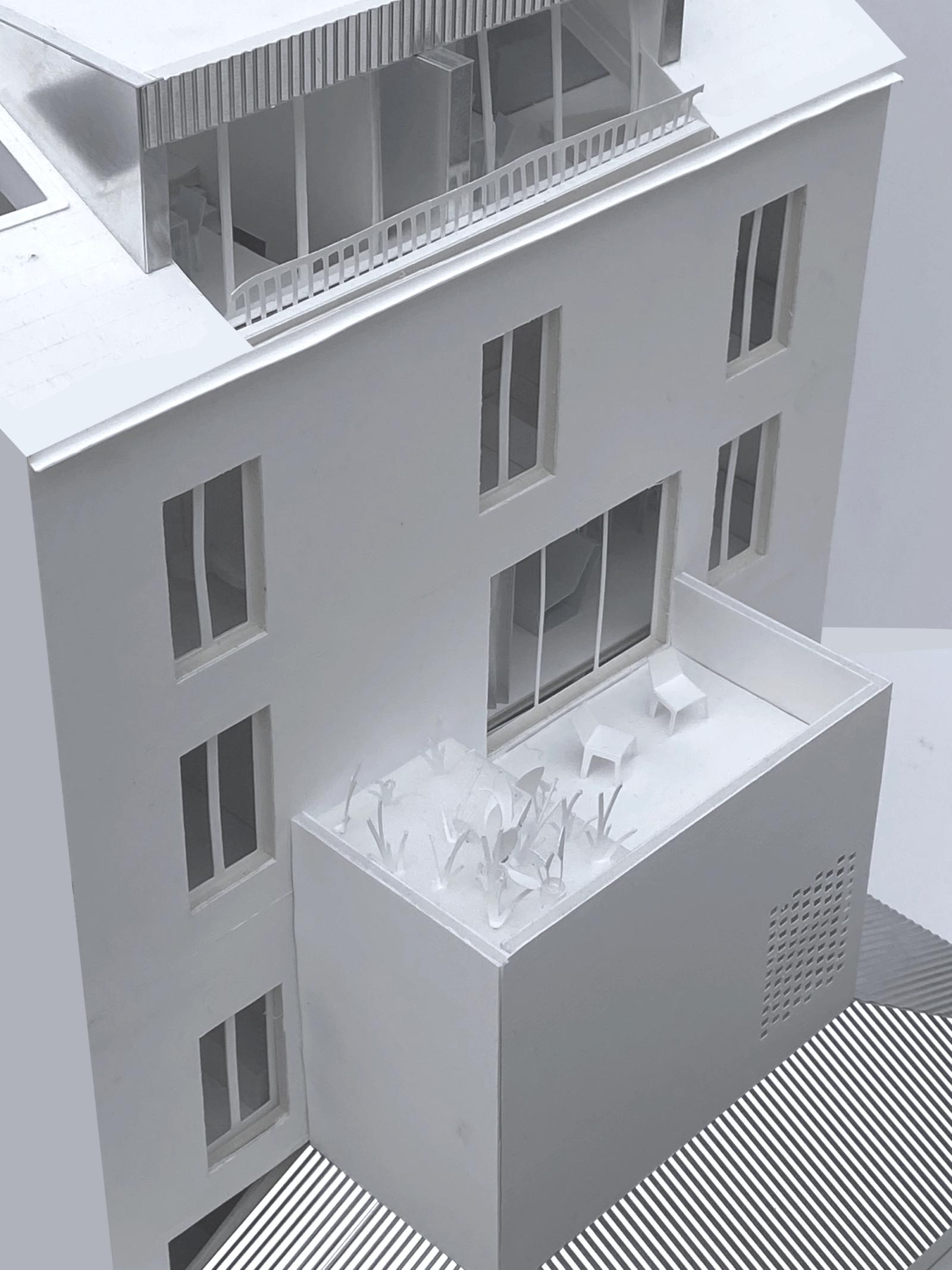 Physical model showing the rear façade and projecting lower volume