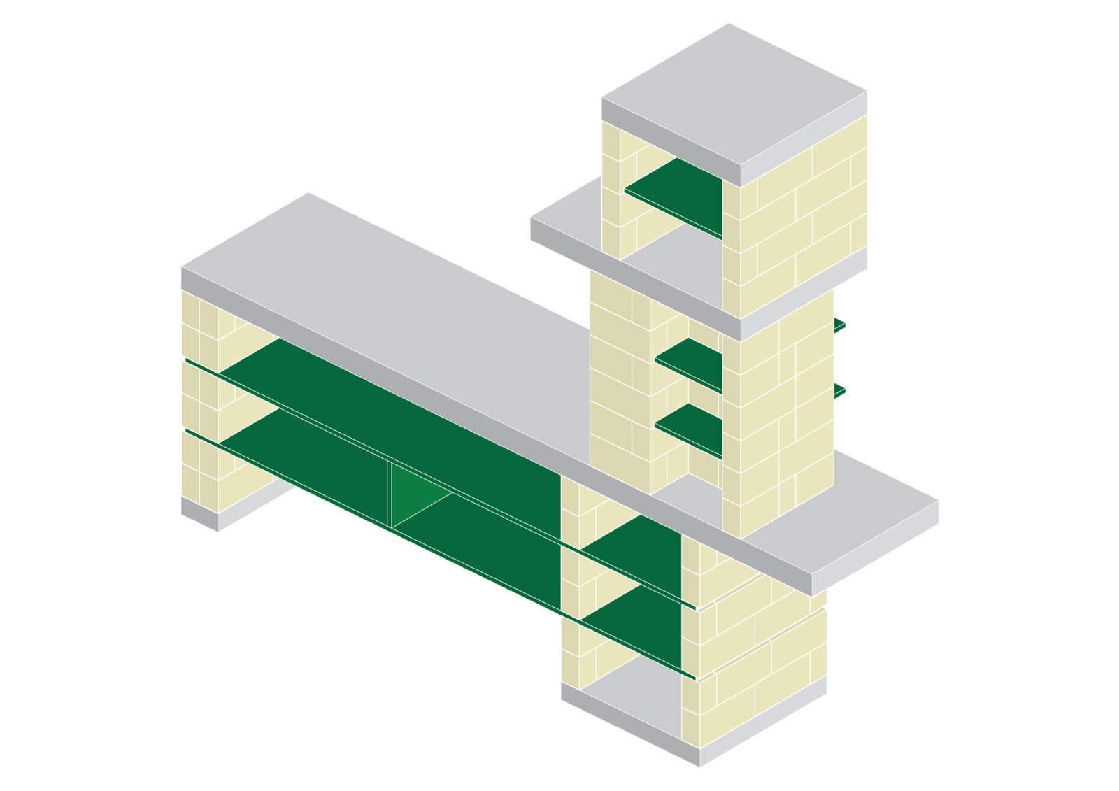 Axonometric of a pale shelving system joined by green counters