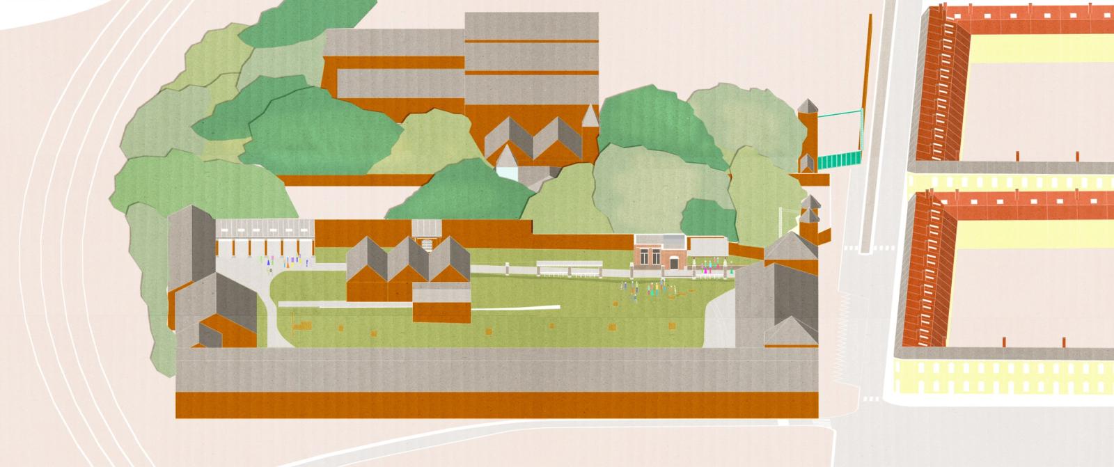 Colored axonometric of a red-roofed campus in a green landscape