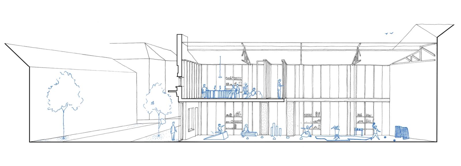 Long building section through the two-storey collaborative hall