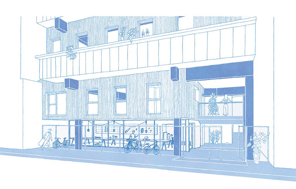 Blue entrance perspective beneath upper volumes and a glazed ground floor