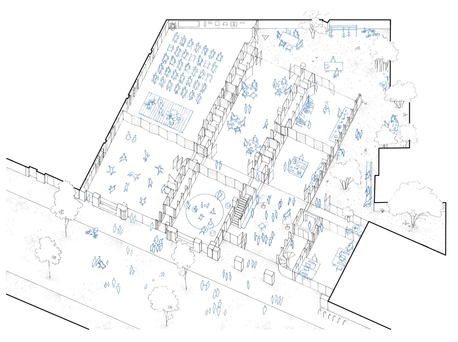 Axonometric floor plan filled with furniture and activity zones