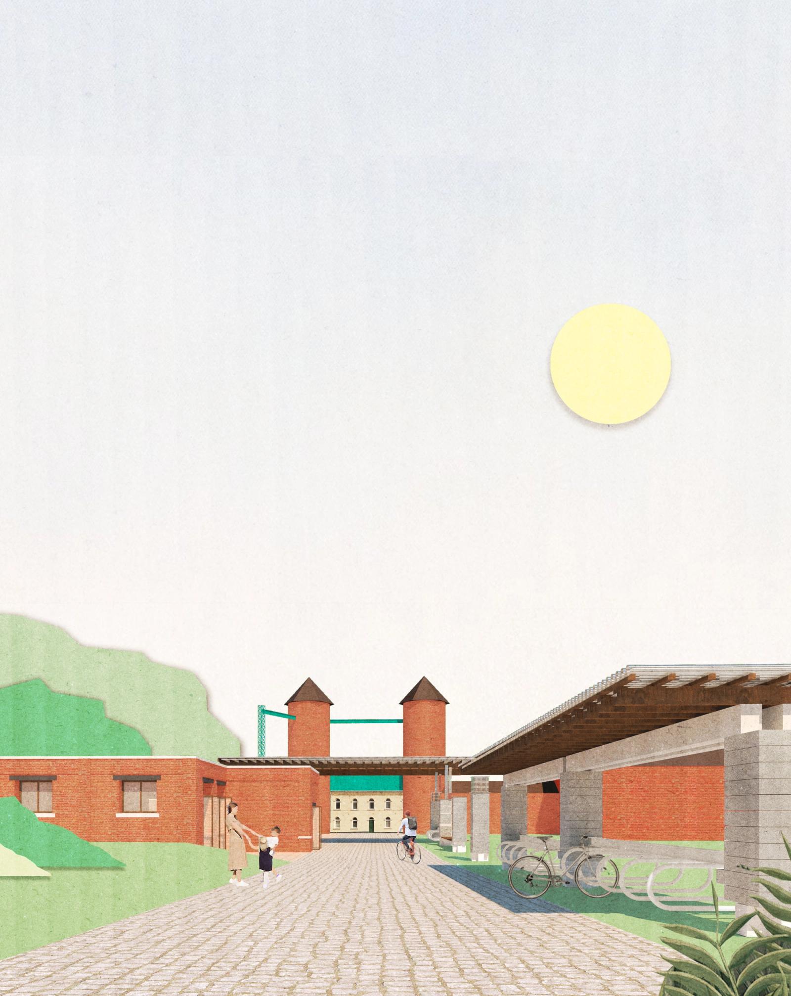 Illustrated entrance court framed by low red brick buildings
