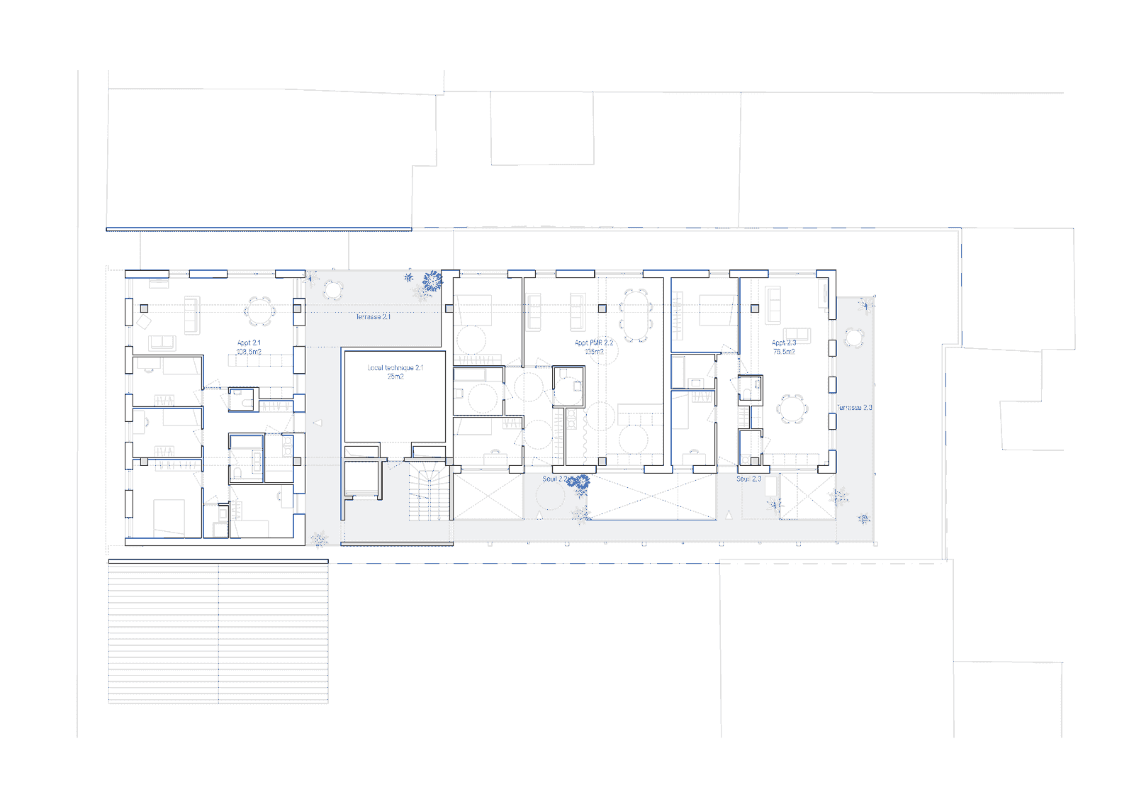 Floor plan with smaller rooms around a central common space