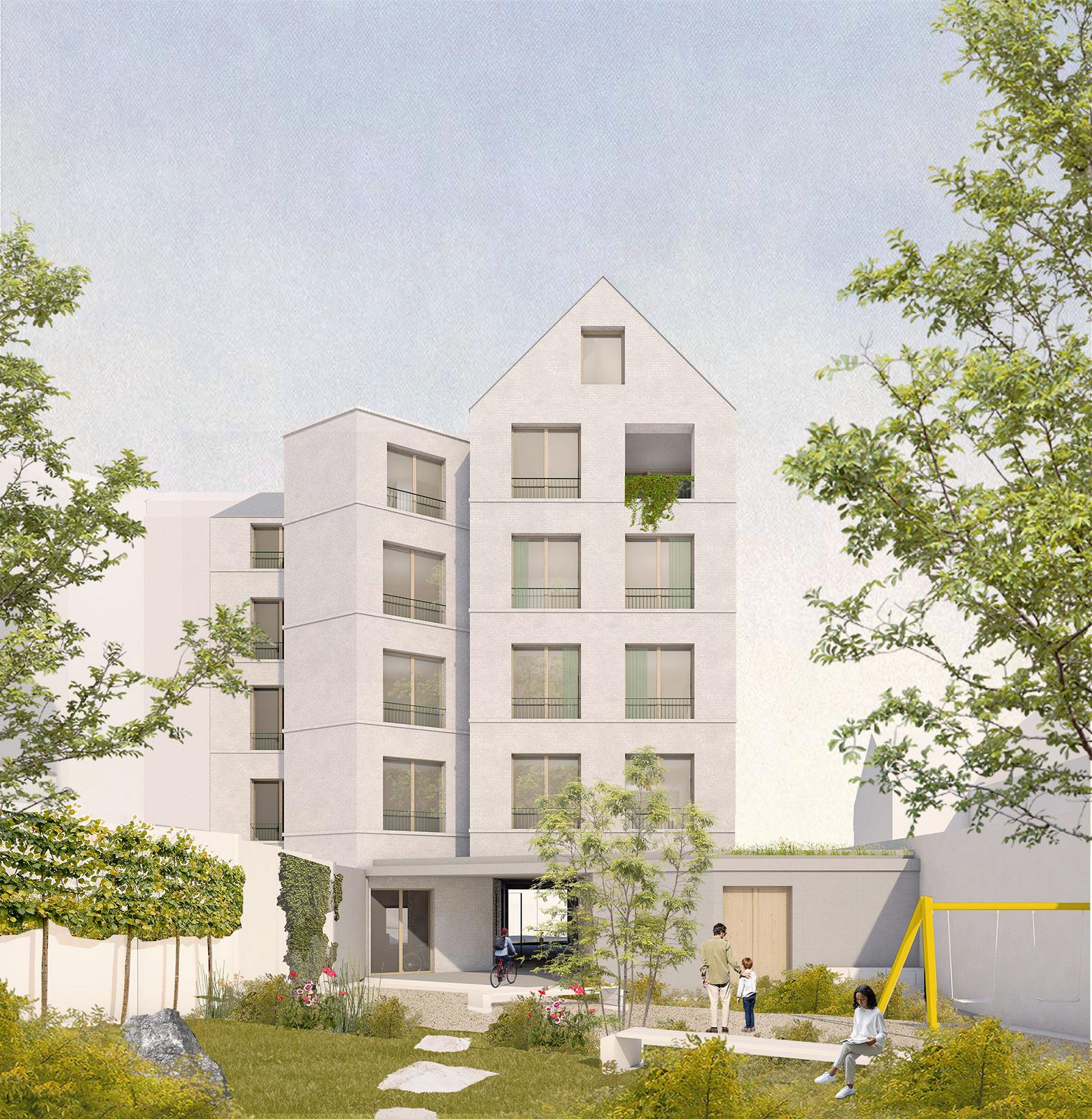 Rear garden view of the pale gabled apartment building