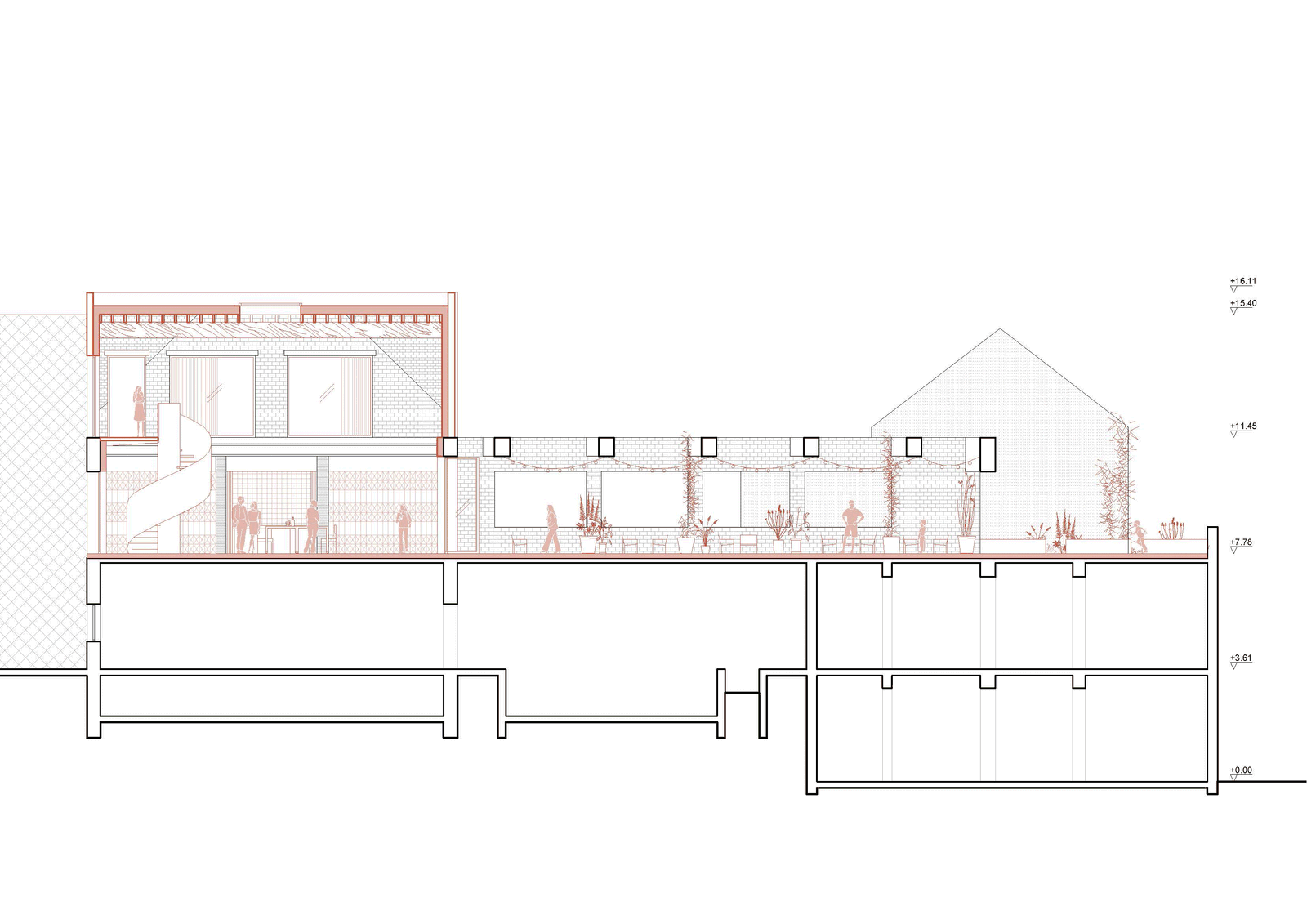 Cross-section through the double-height hall and adjoining rooms