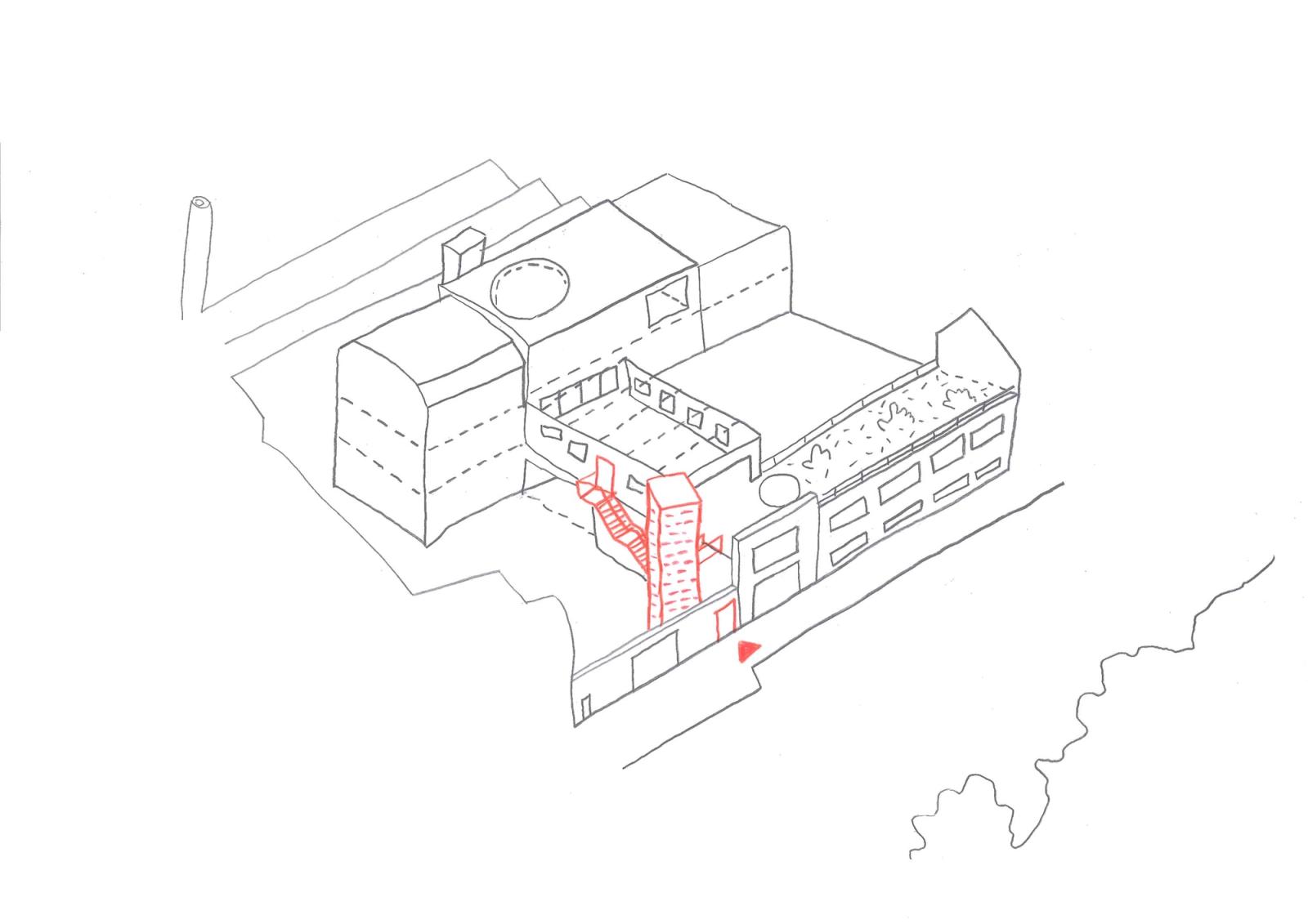 Axonometric highlighting a new red stair within the existing school