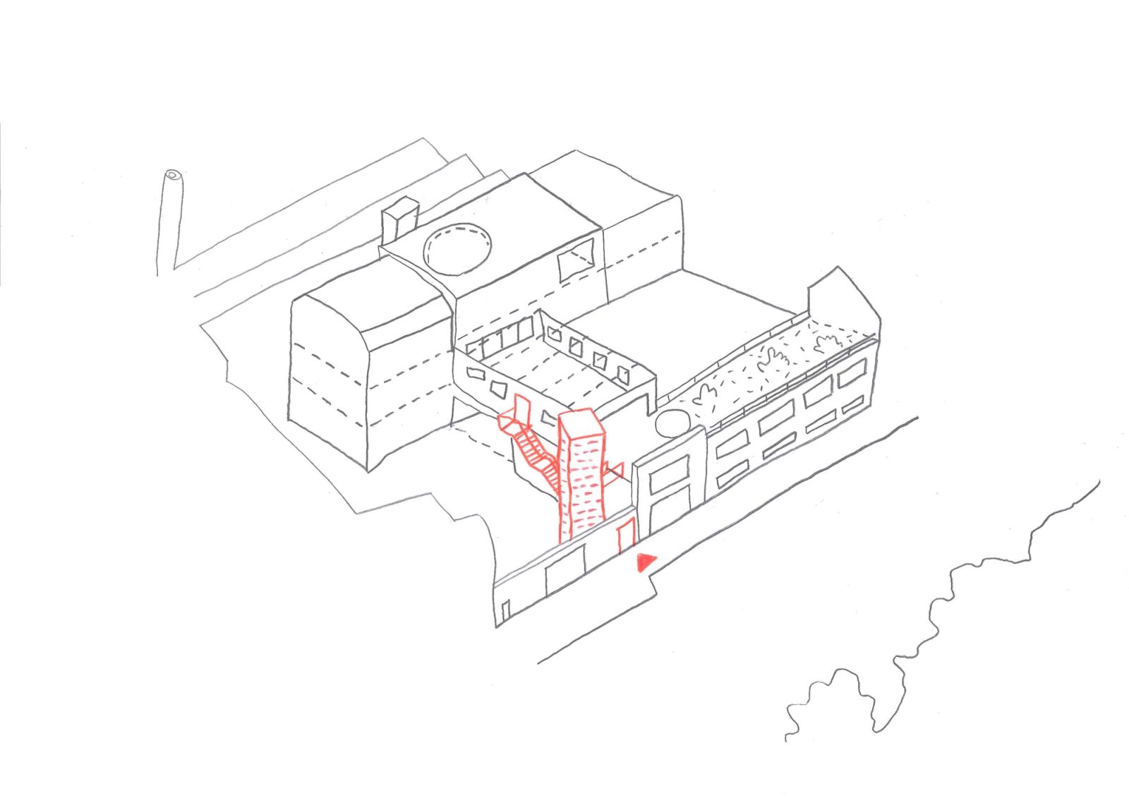 Axonometric highlighting a new red stair within the existing school