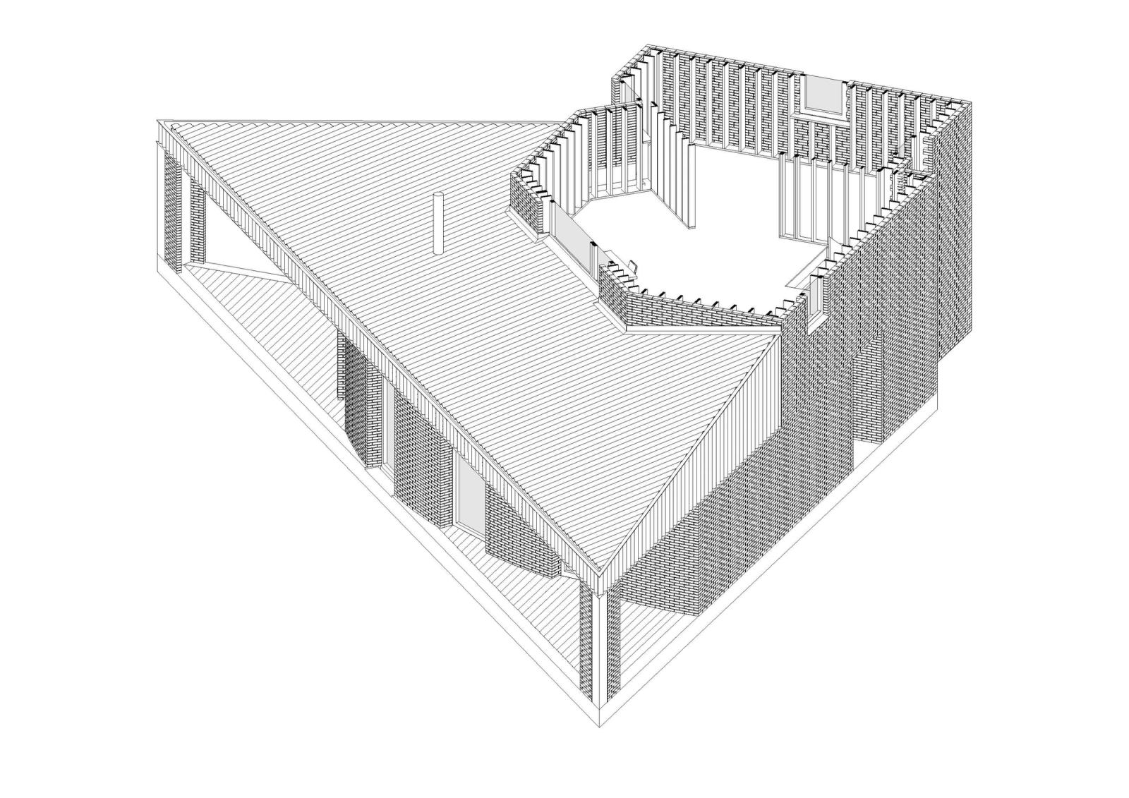 Exterior axonometric of the house enclosing a central courtyard