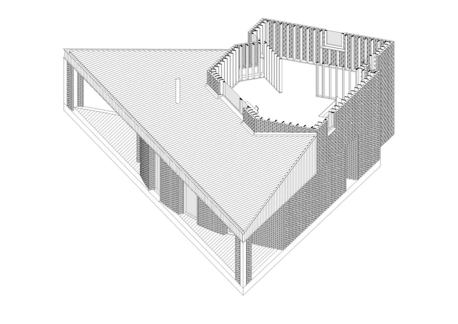 Exterior axonometric of the house enclosing a central courtyard