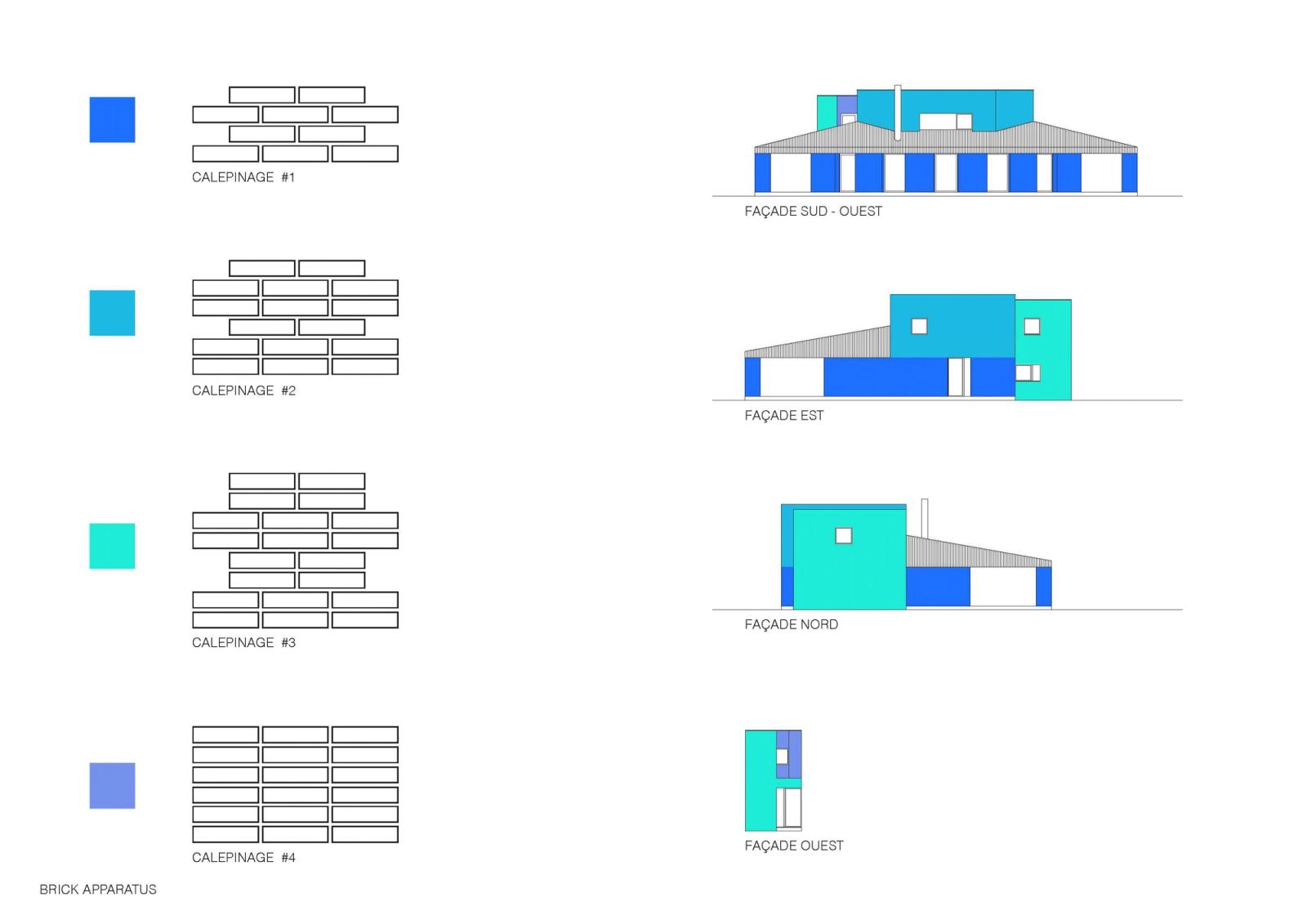 Material study comparing blue brick patterns and façade zones