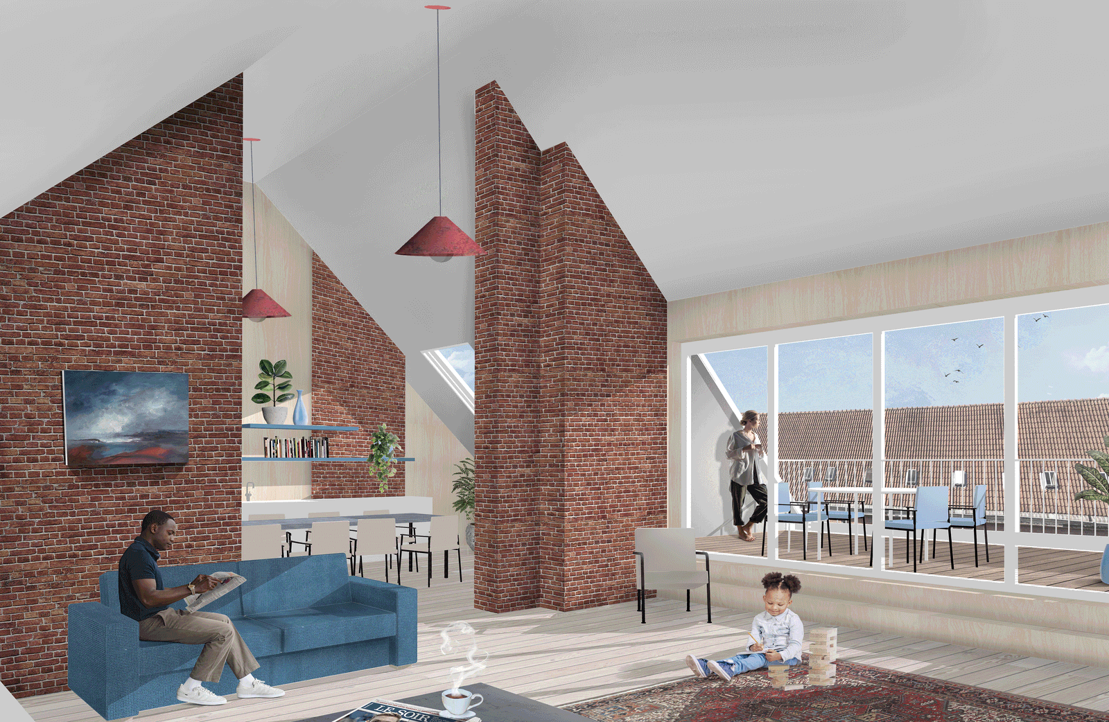 Attic common room framed by brick walls and a faceted white ceiling