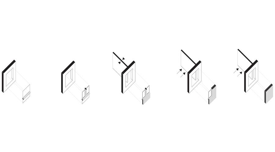 Diagram sequence showing angled cuts through a simple building volume