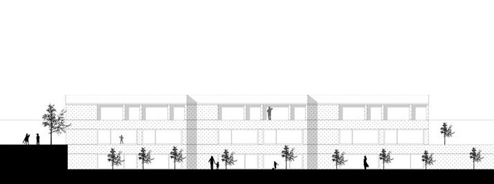 Long elevation of the low building set into the landscape