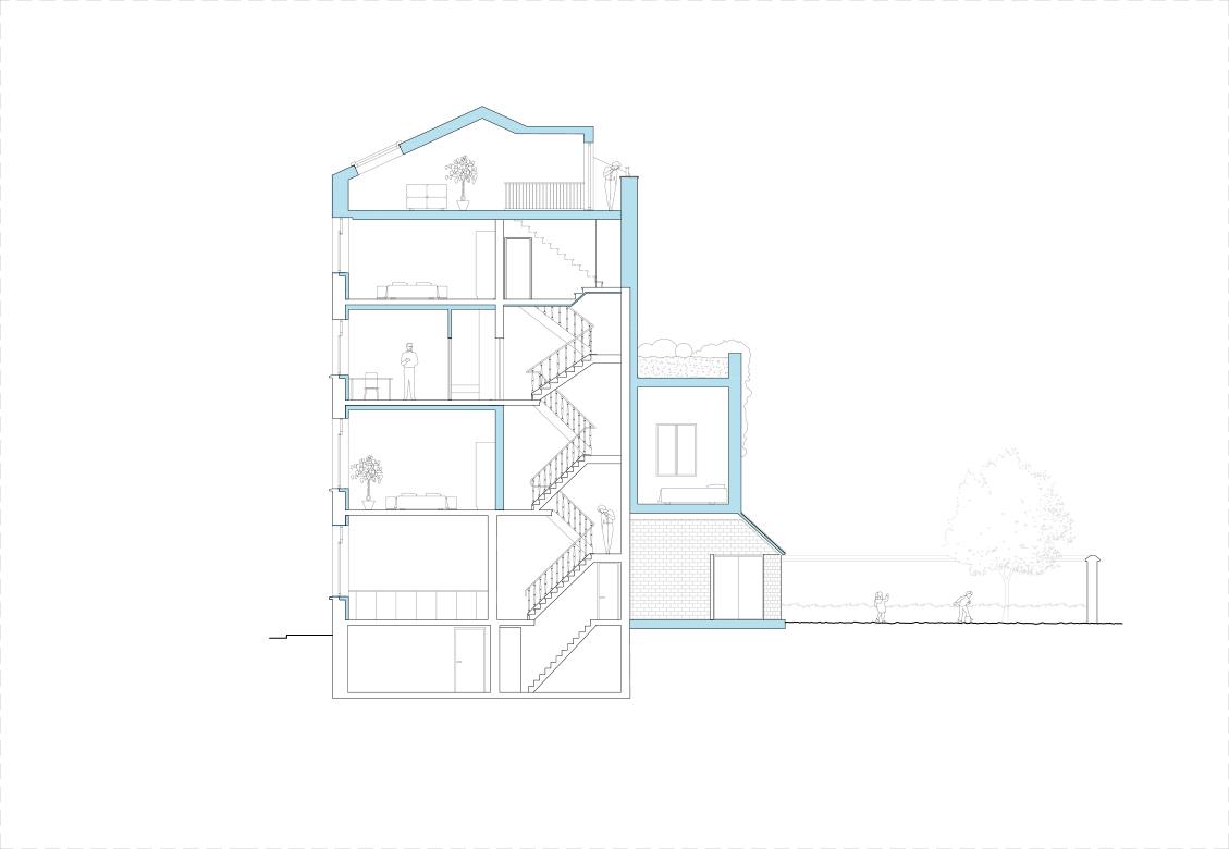 Section through the stacked rooms, stair and rear garden addition