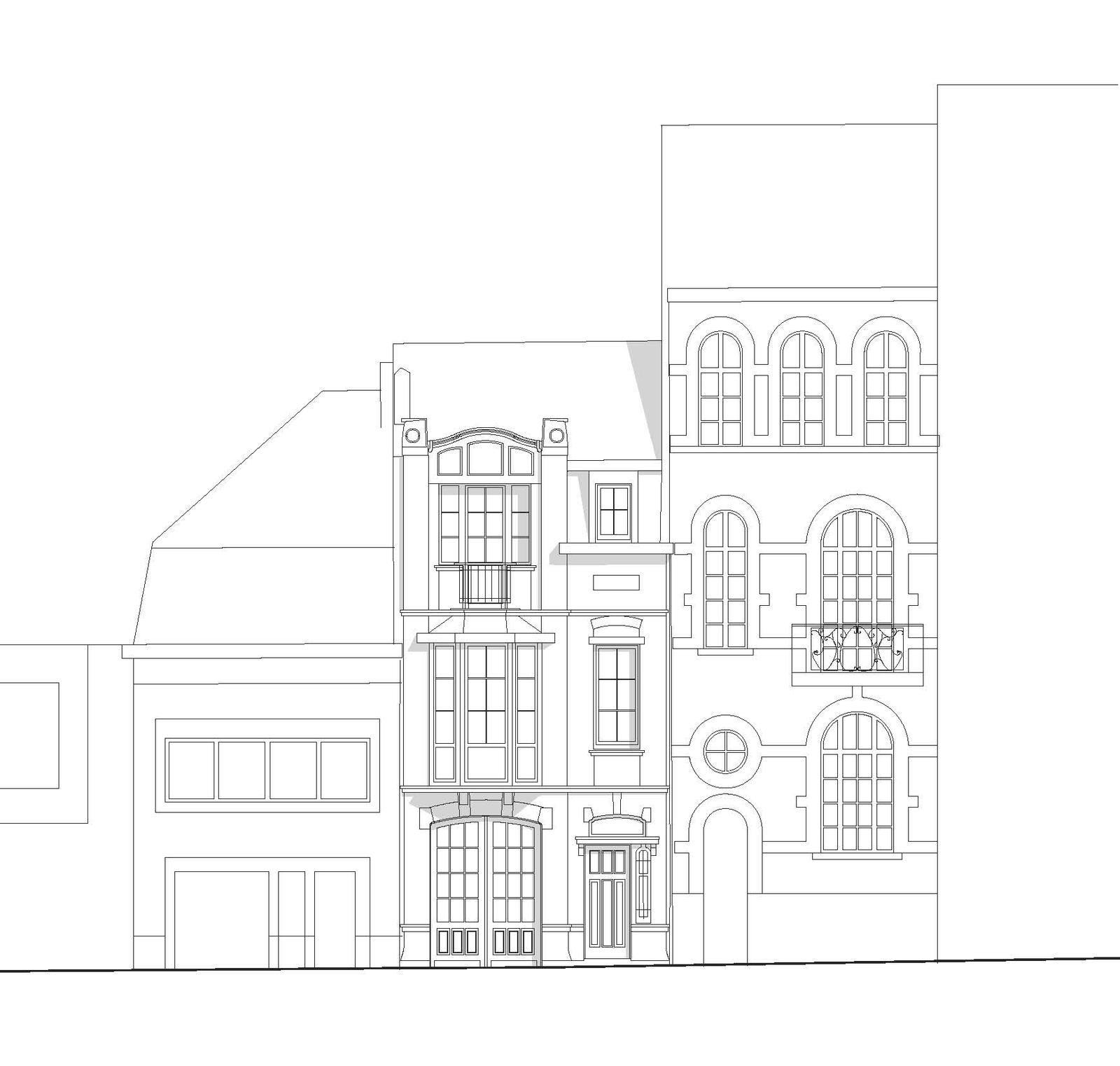Existing street elevation of the narrow house and its neighbors