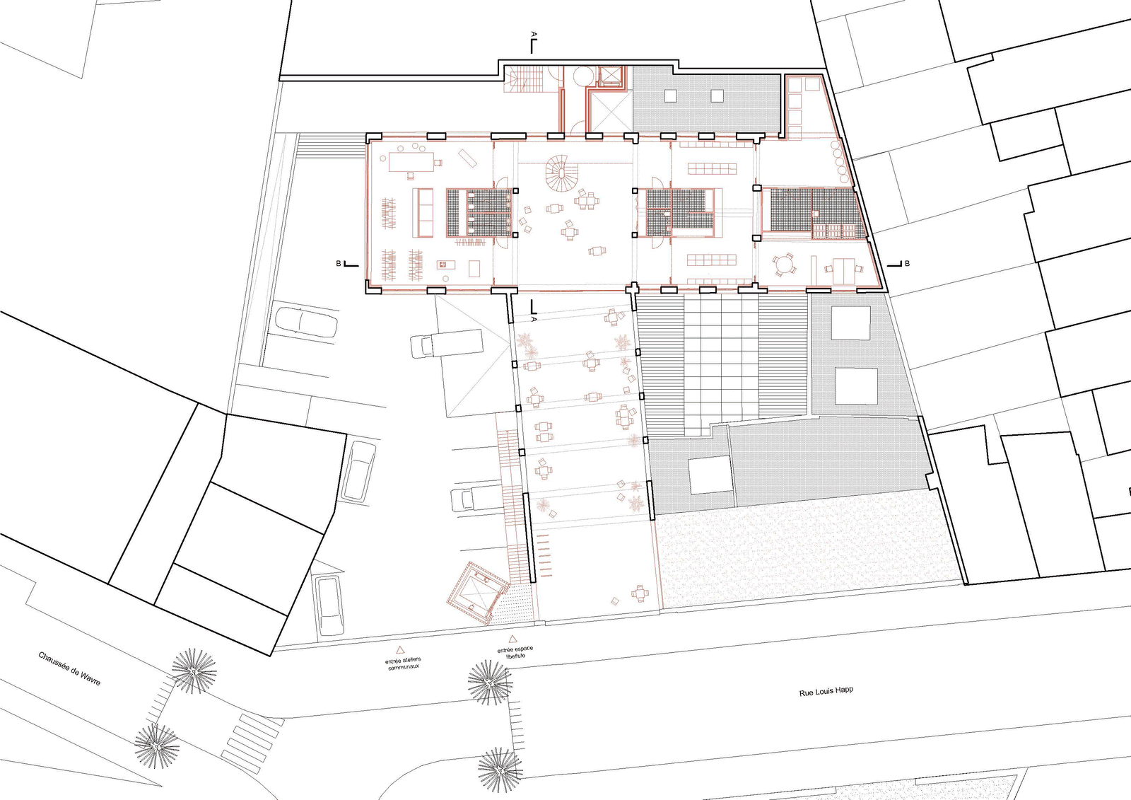 Ground plan of the school around a central hall and paved courtyard