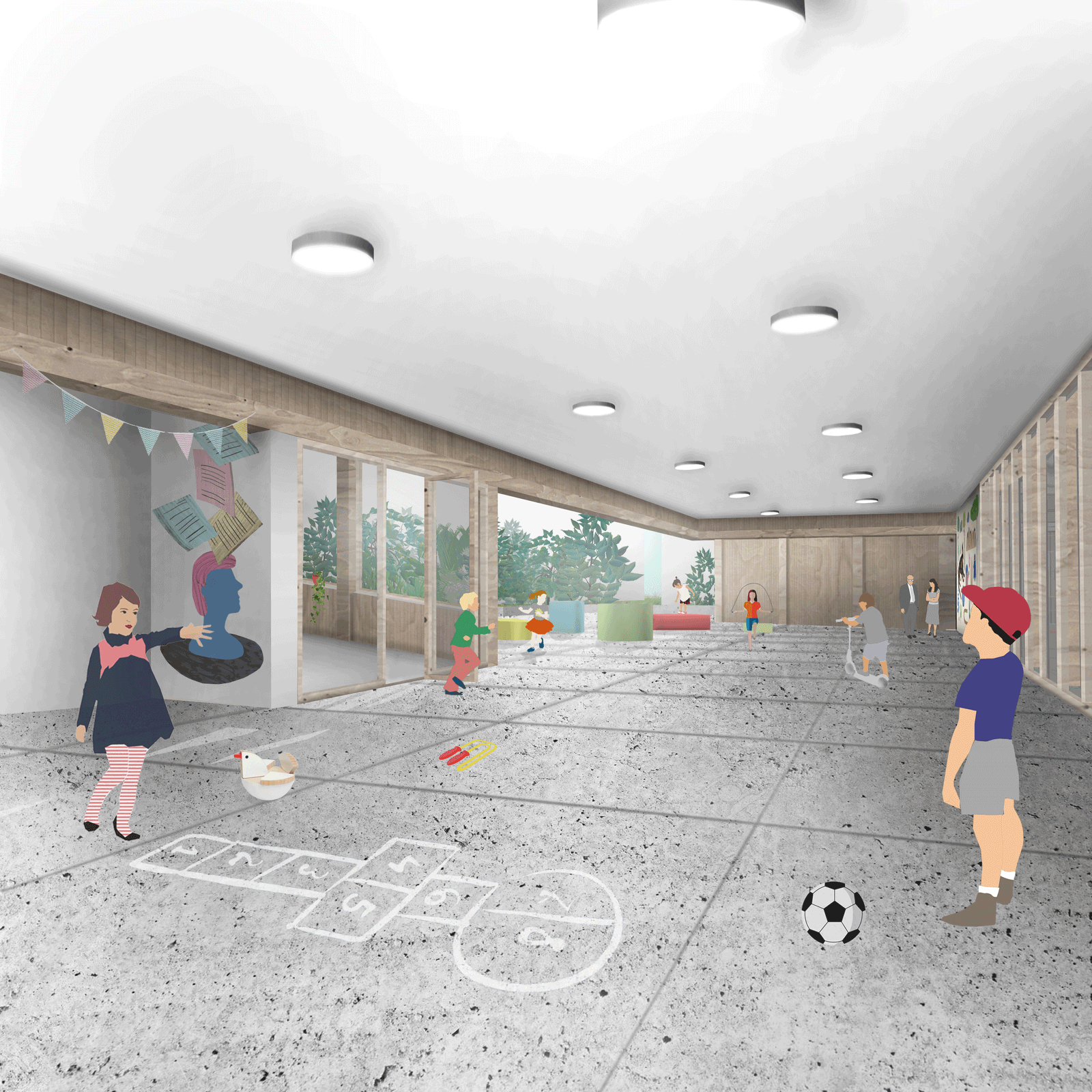 School courtyard beneath a long covered frontage