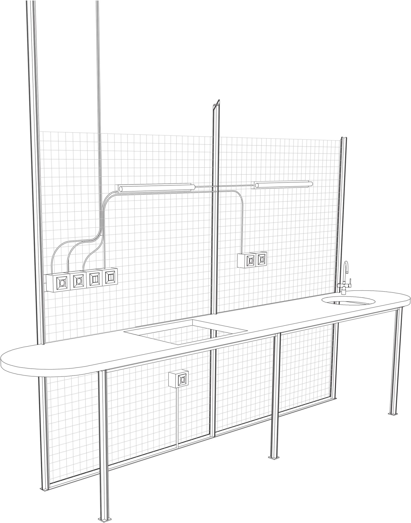 Axonometric of a long worktop beside a mesh storage screen