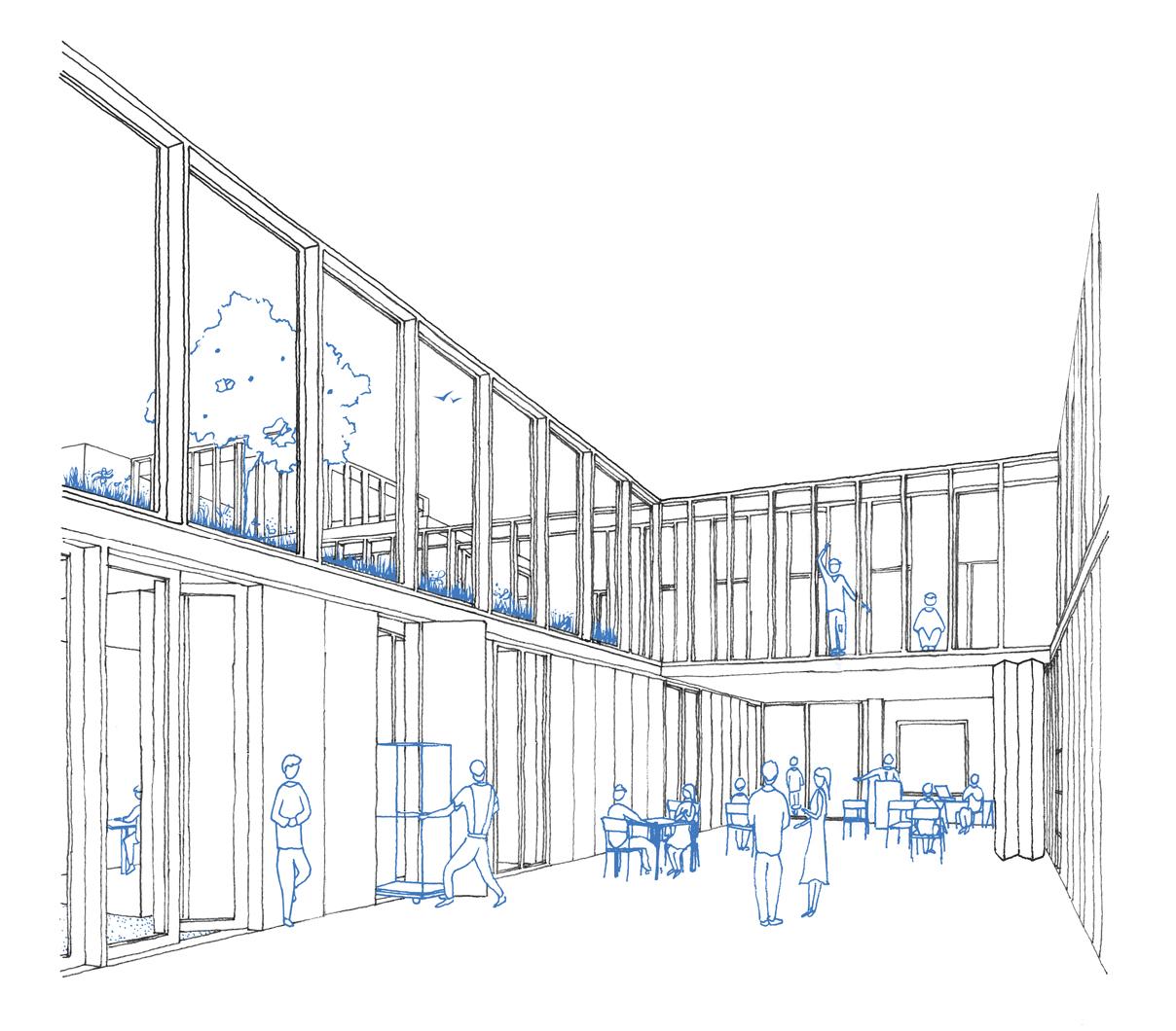 Perspective drawing of a two-storey communal hall around a worktable
