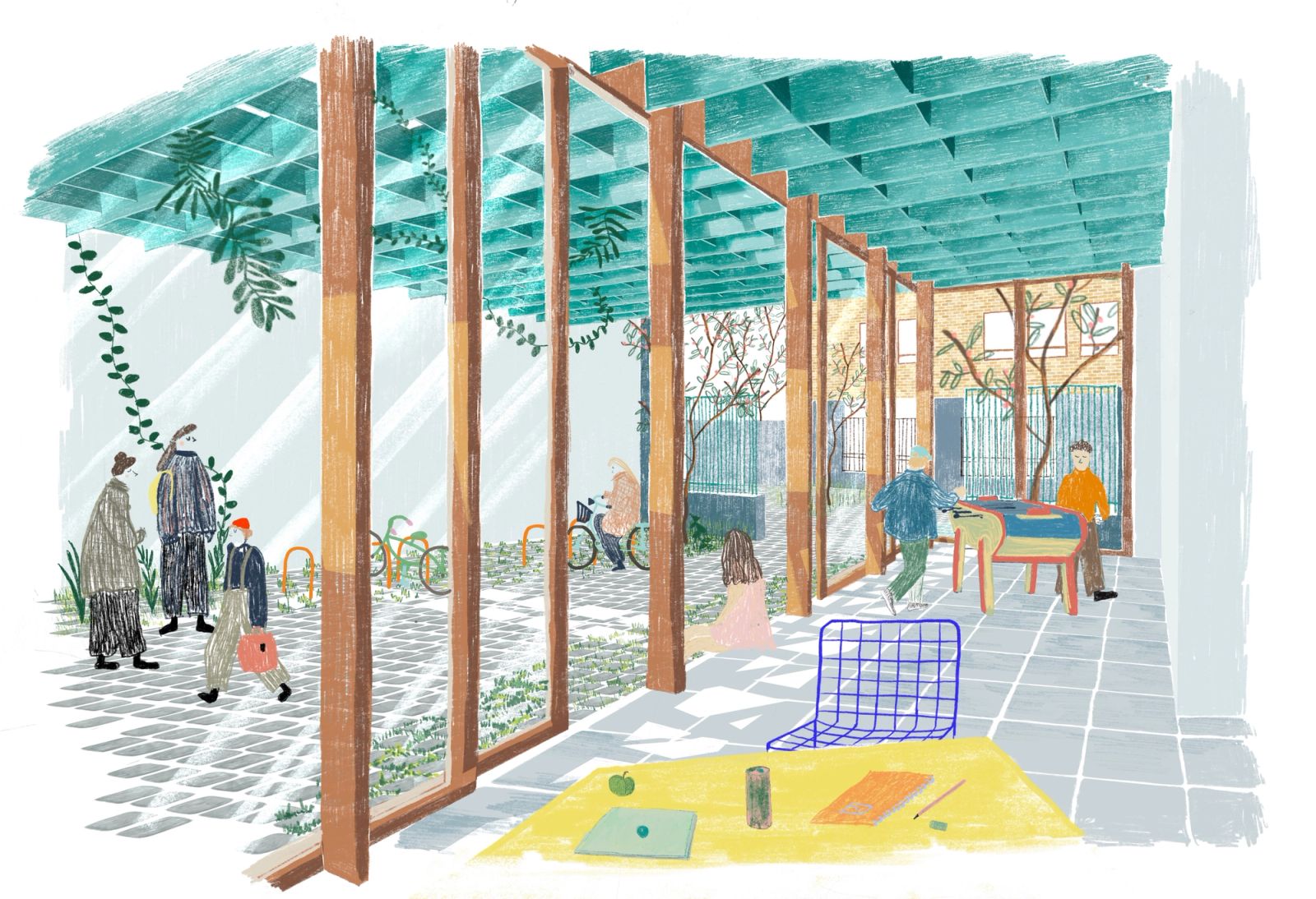 Youth centre interior opening towards the covered entrance courtyard.