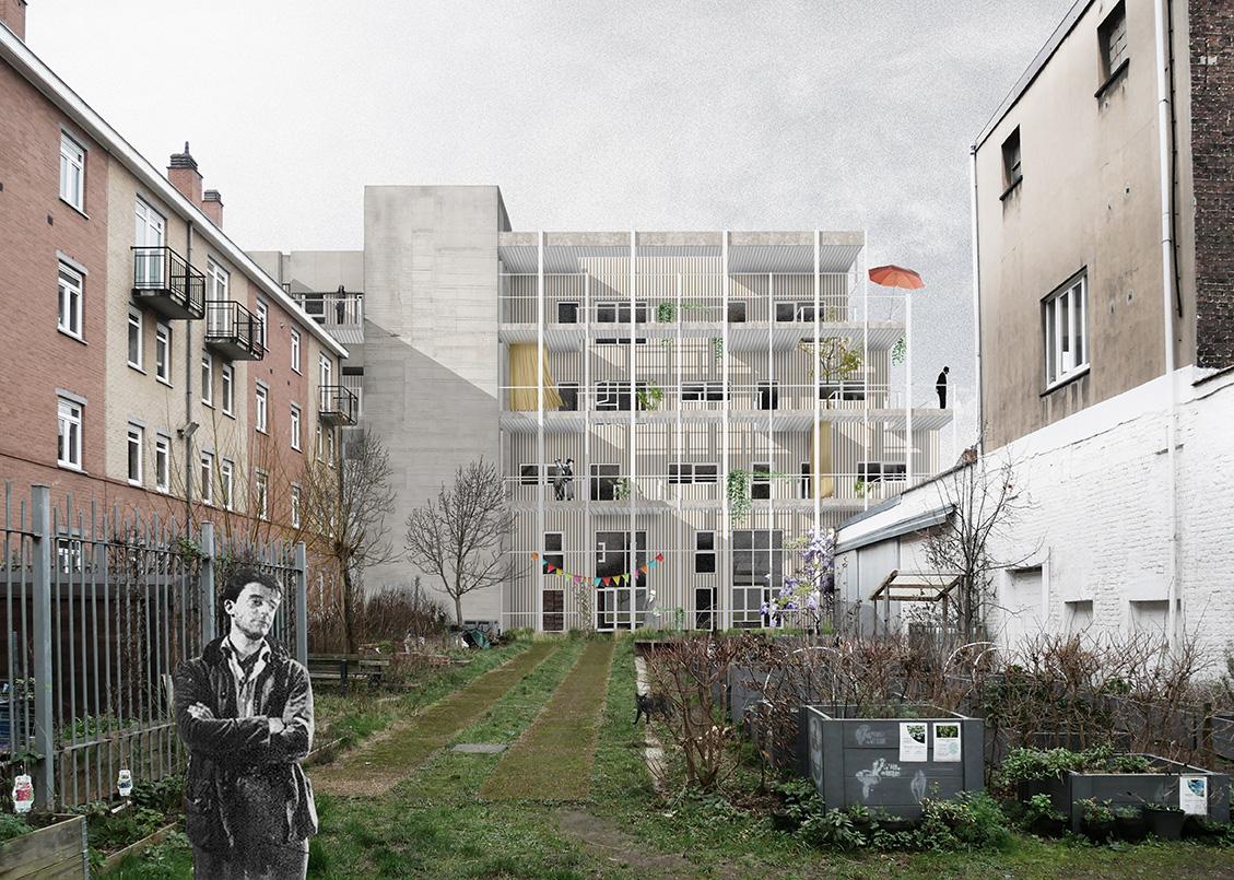 Garden view toward a transparent framed façade between existing buildings