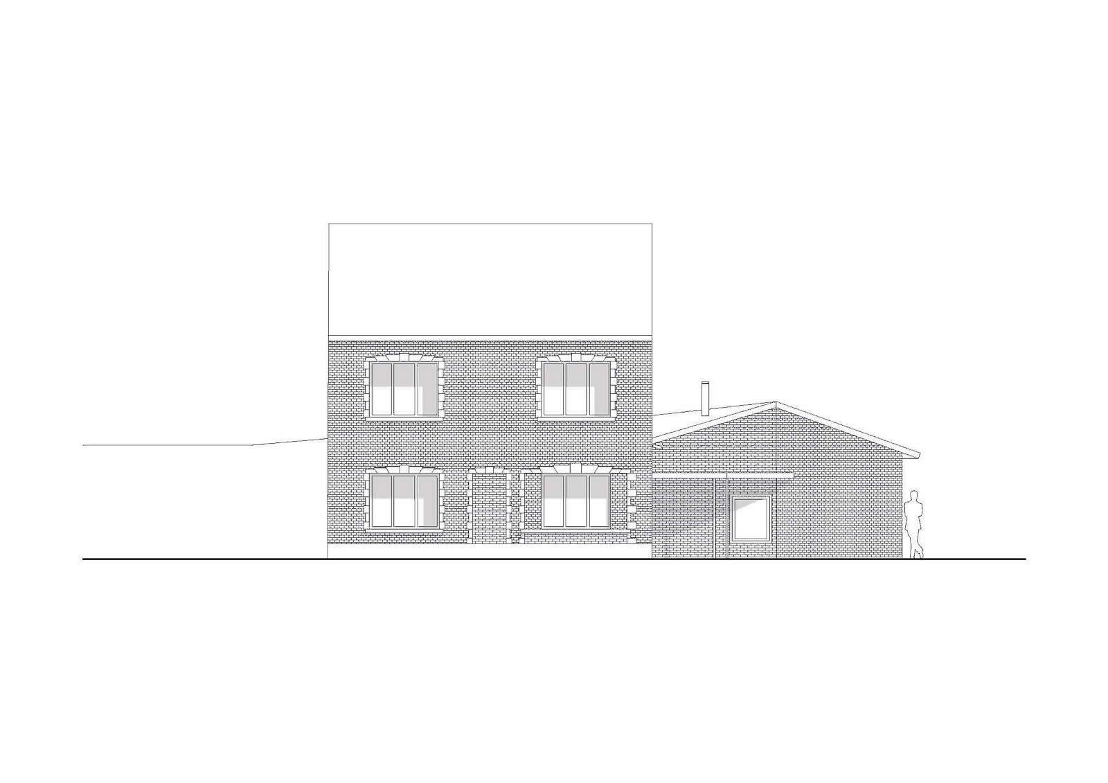 Side elevation of the dark house and low brick extension