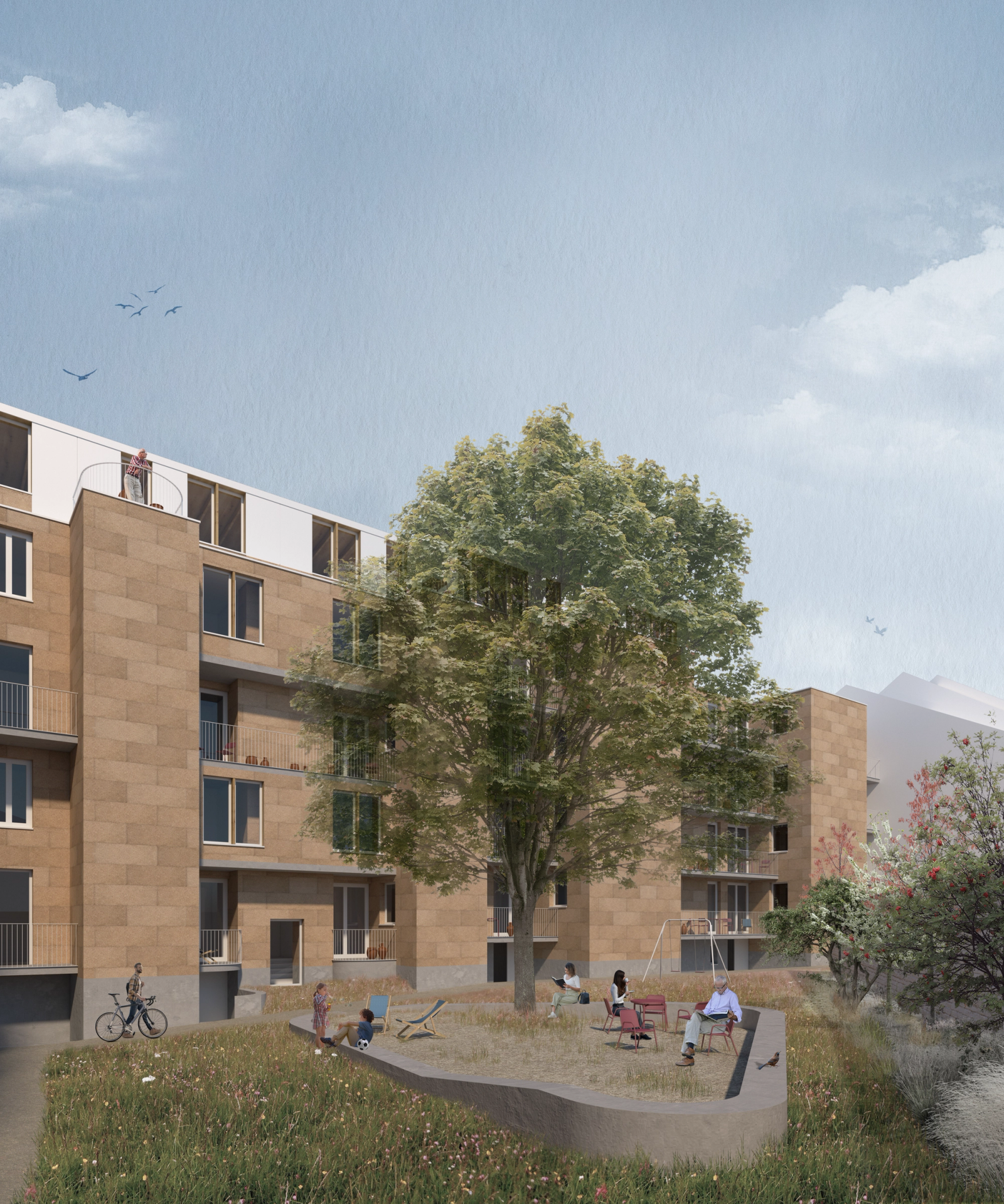 Brick residential courtyard with mature trees and a play area