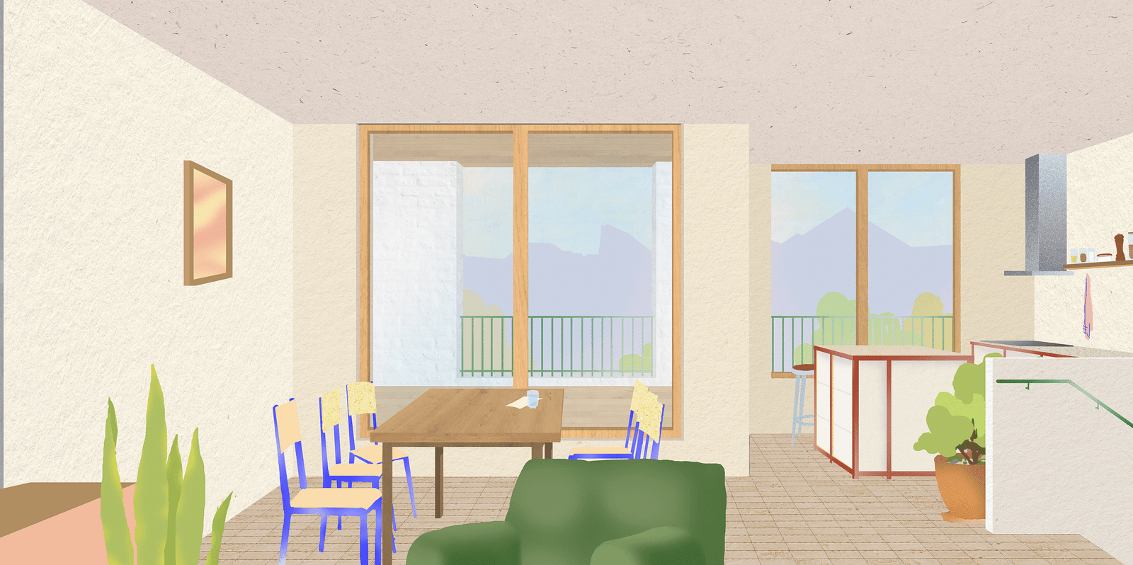 Open living, dining and kitchen space facing balcony glazing