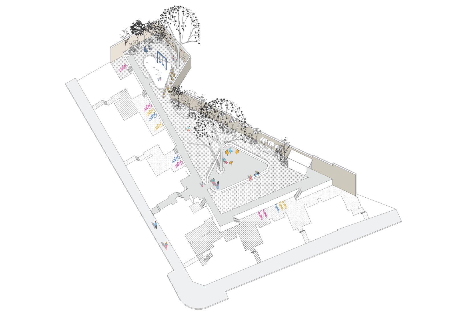 Site axonometric showing circulation and play spaces around the block