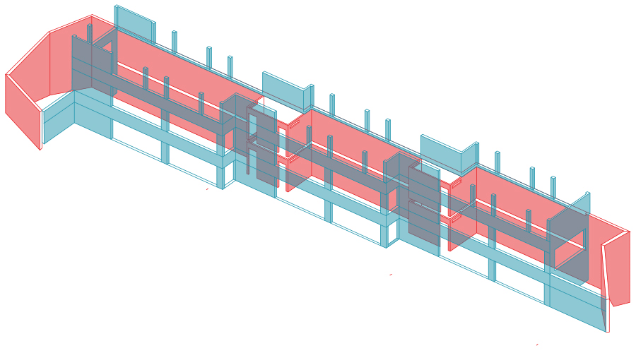 Structural axonometric with walls and frame highlighted in red and blue
