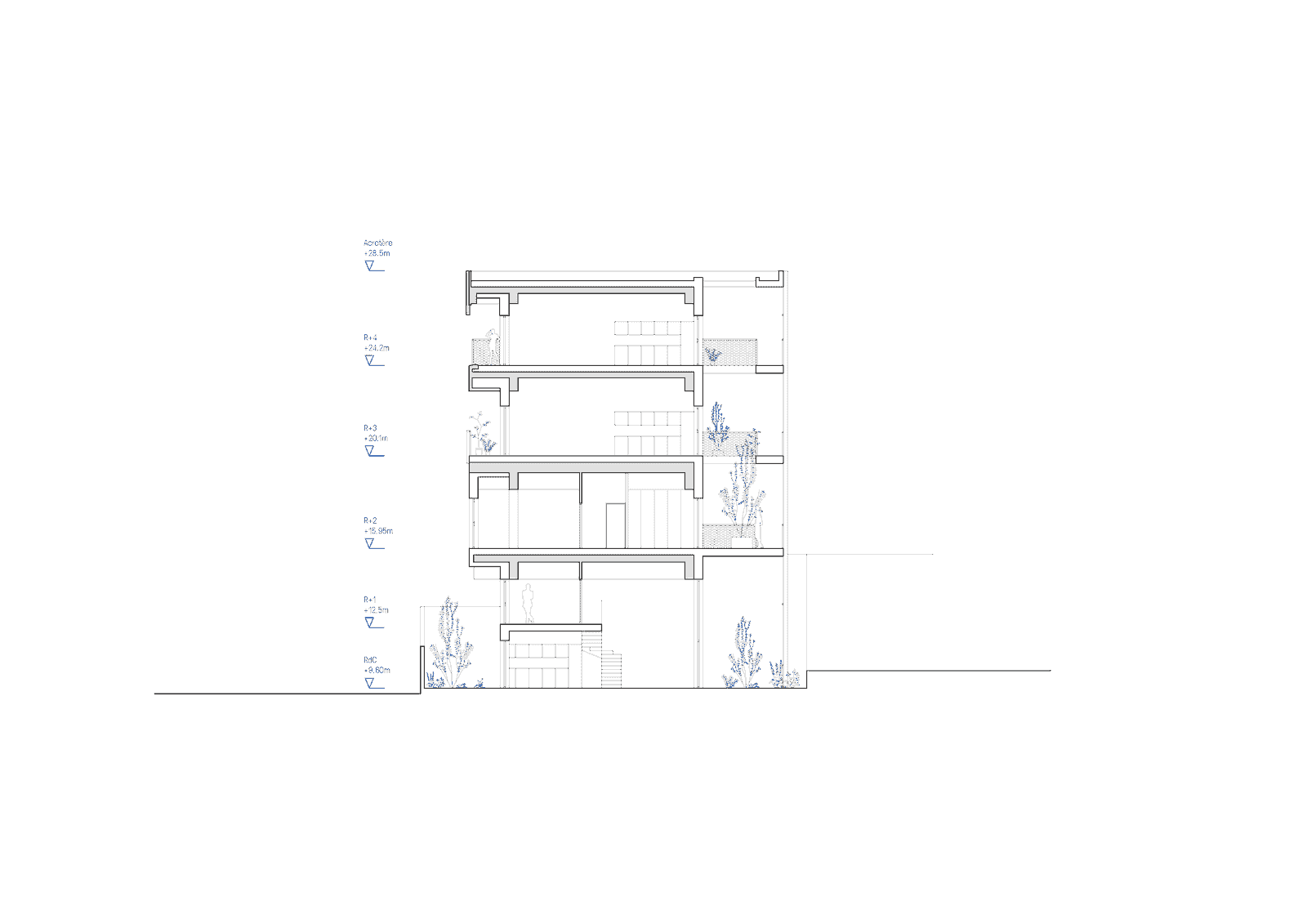 Cross-section through the stepped existing and proposed volumes