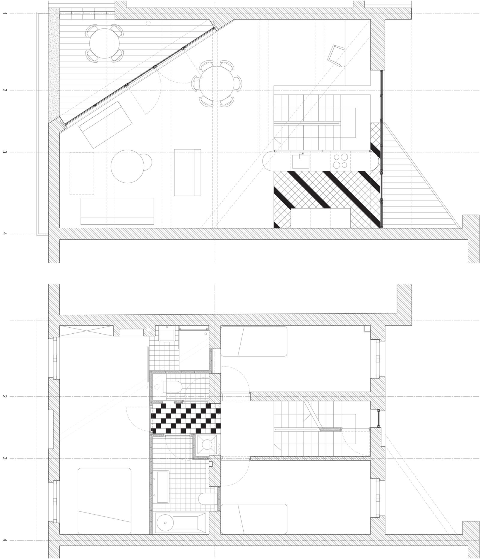 Stacked floor plans with hatched areas marking the intervention