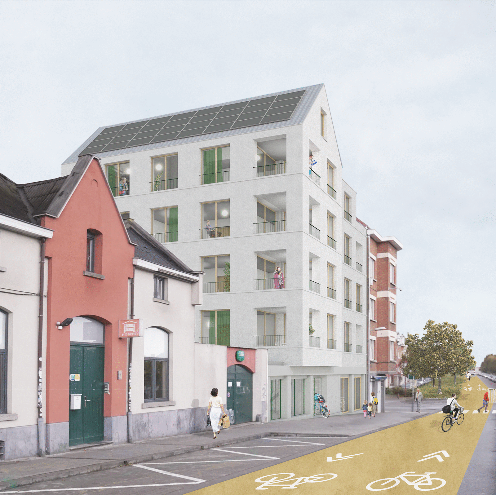 Completed pale infill building beside an existing red house