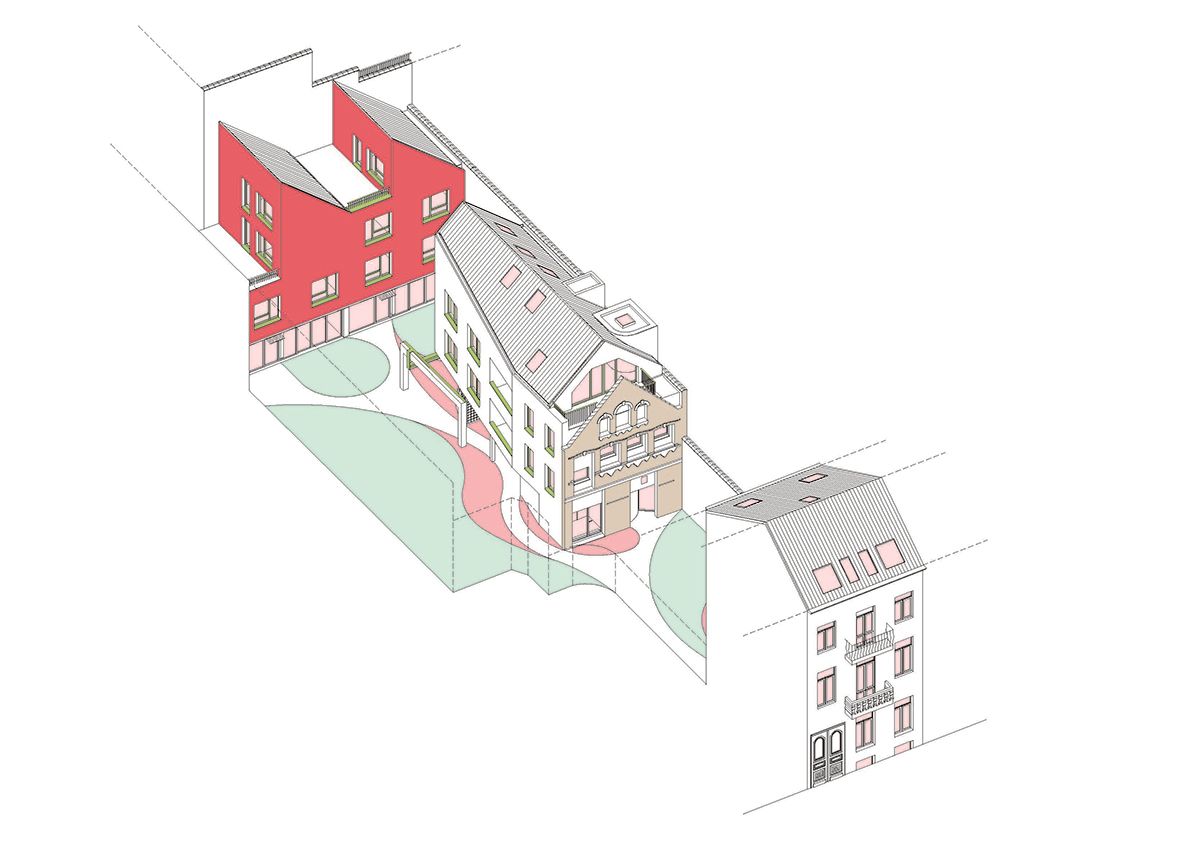 Site axonometric highlighting a red addition and shared garden