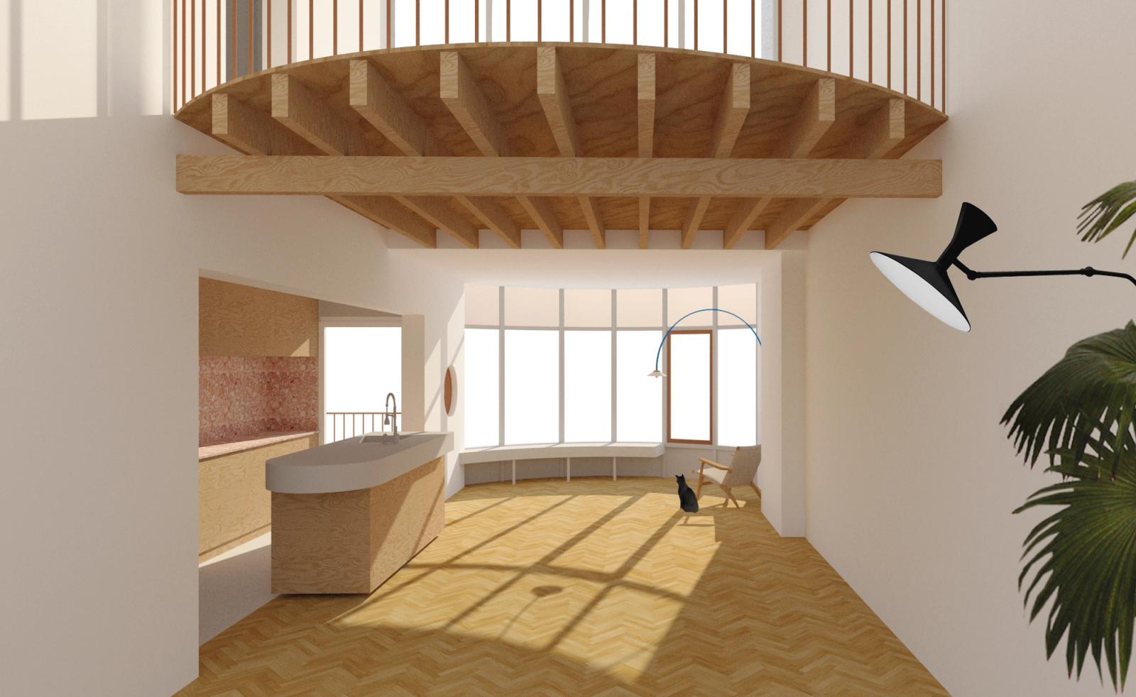 Interior rendering with a timber stair suspended above a living space