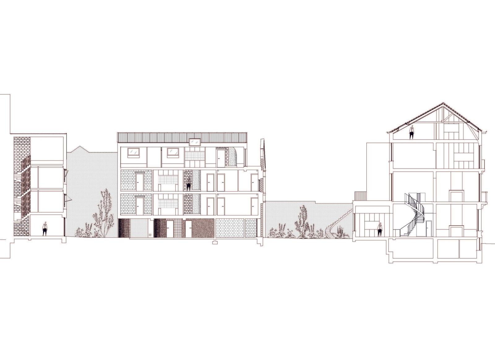 Section through the courtyard and adjoining residential buildings