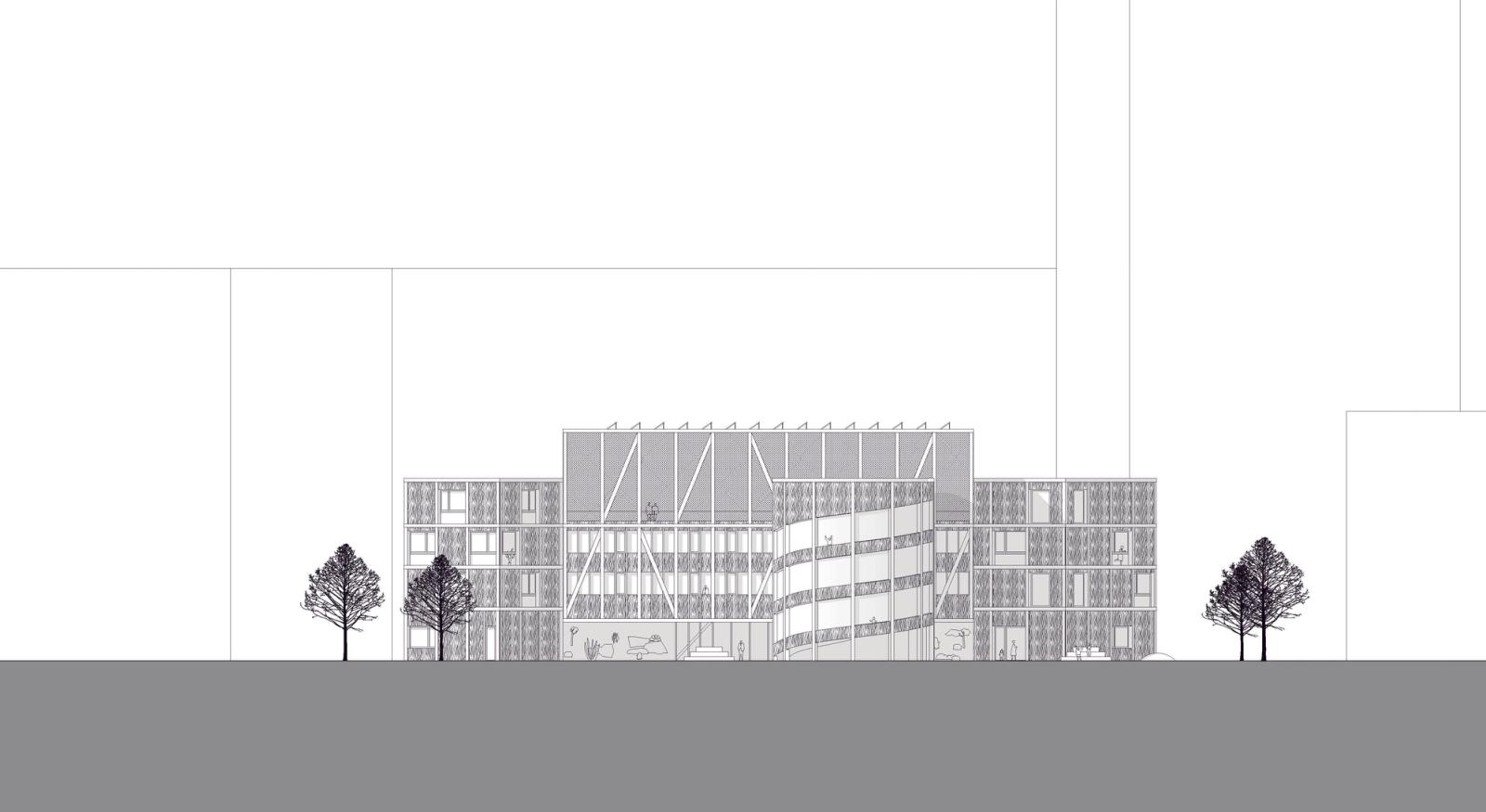Long street elevation of the stepped multi-storey complex