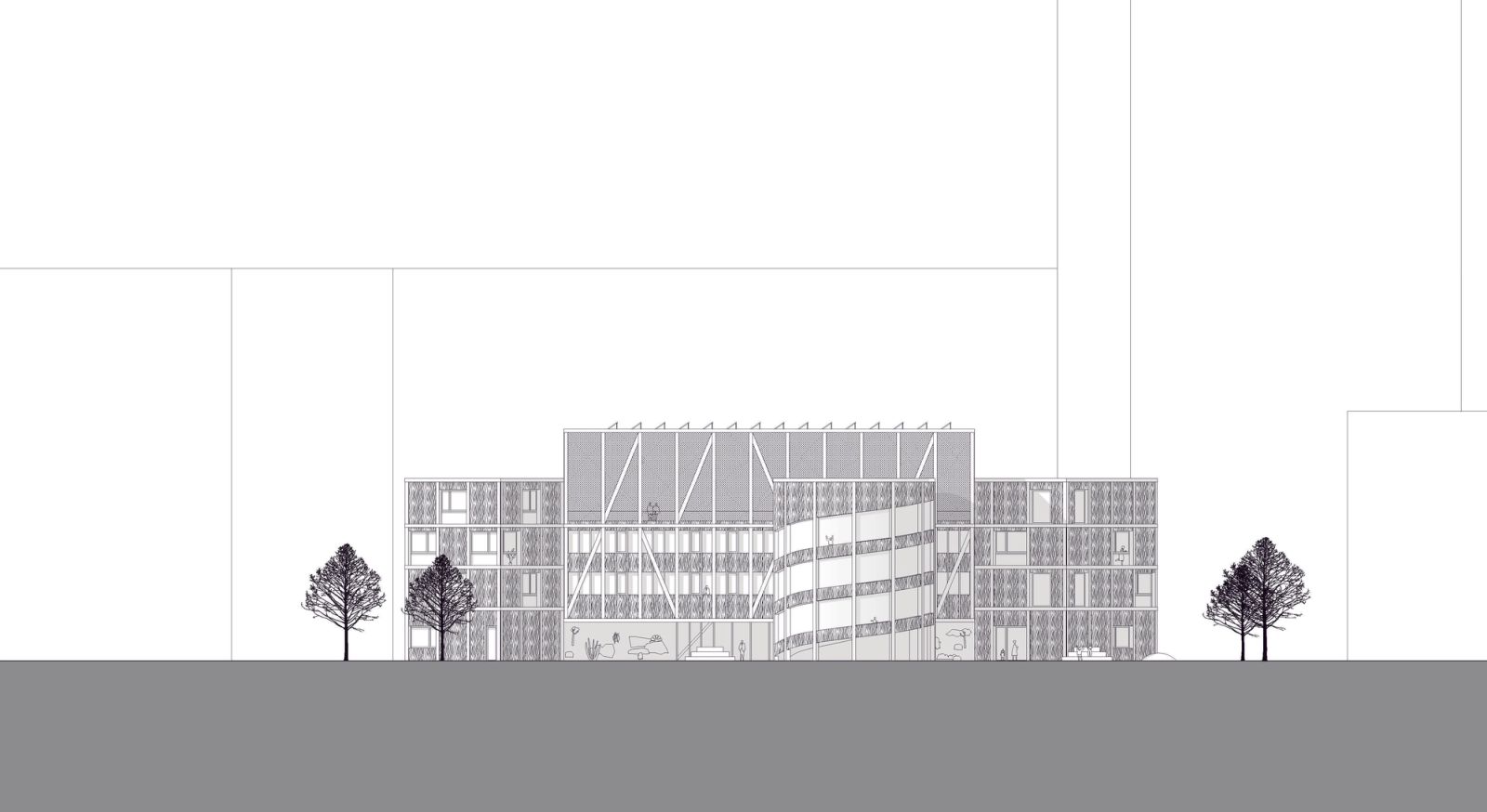 Long street elevation of the stepped multi-storey complex