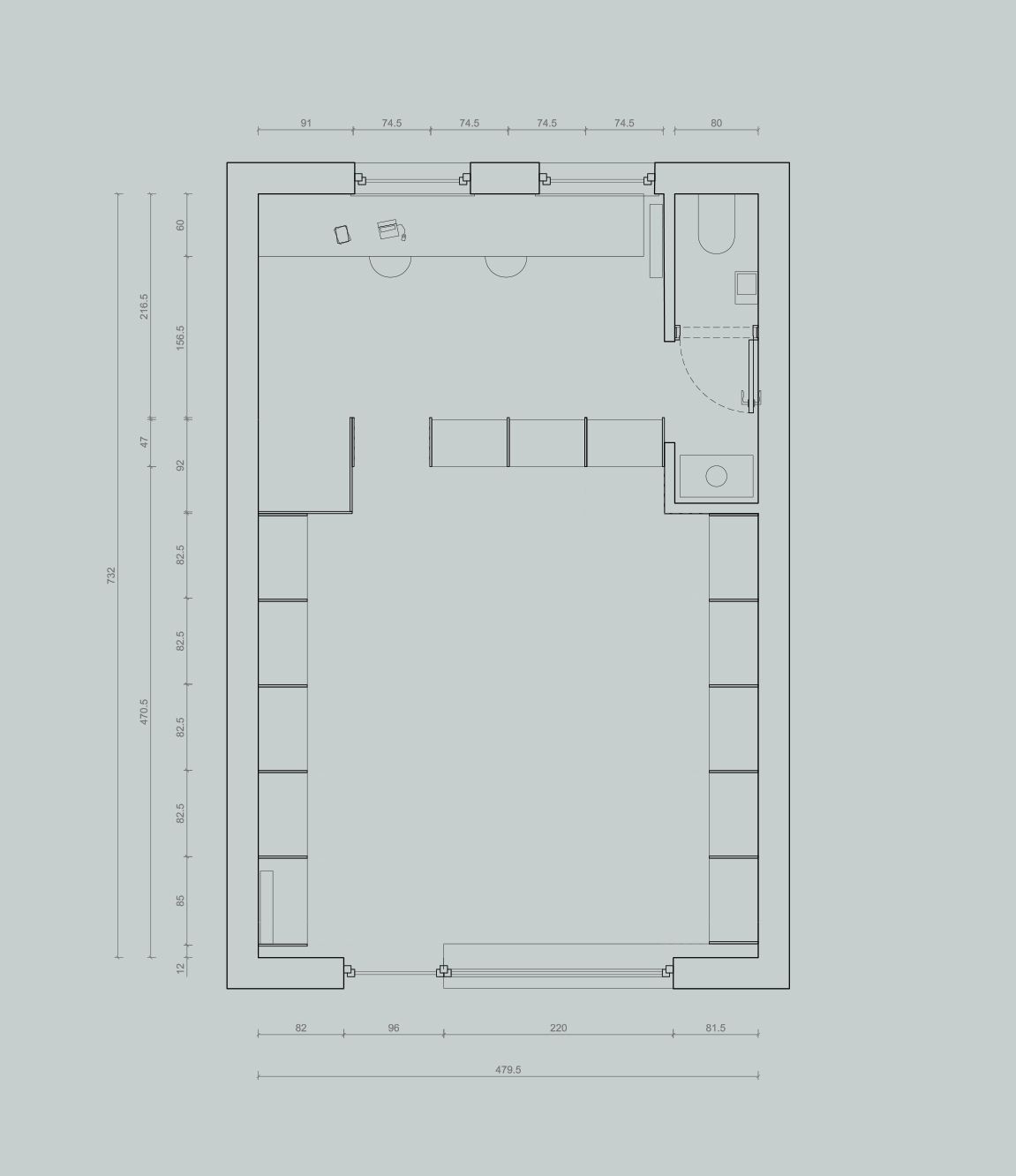 Plan of a rectangular shop lined with perimeter shelving