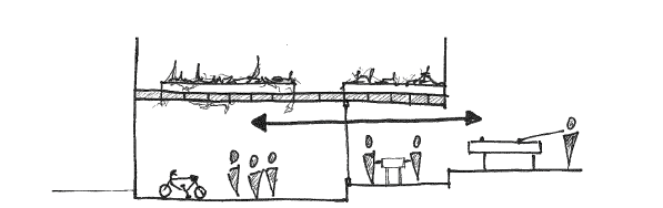 Section diagram connecting the youth centre interior with the covered outdoor space.