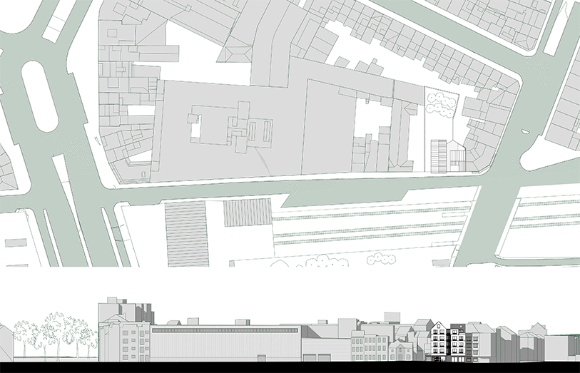 Site section showing the infill building in its transport corridor